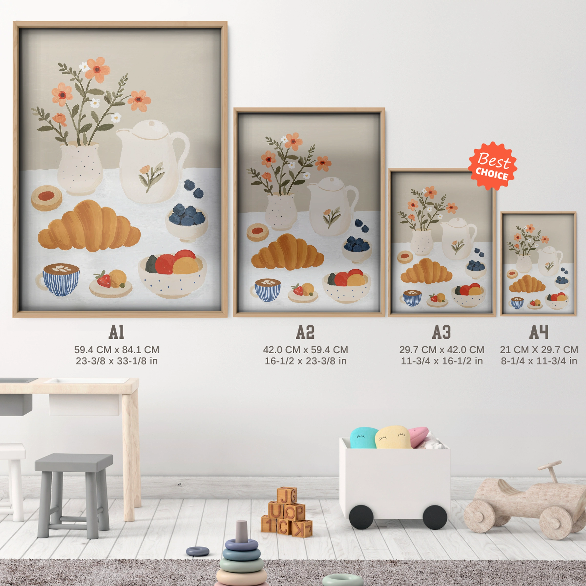 Breakfast Treats Nursery Print - size guide A4 A3 A2 A1 nursery print
