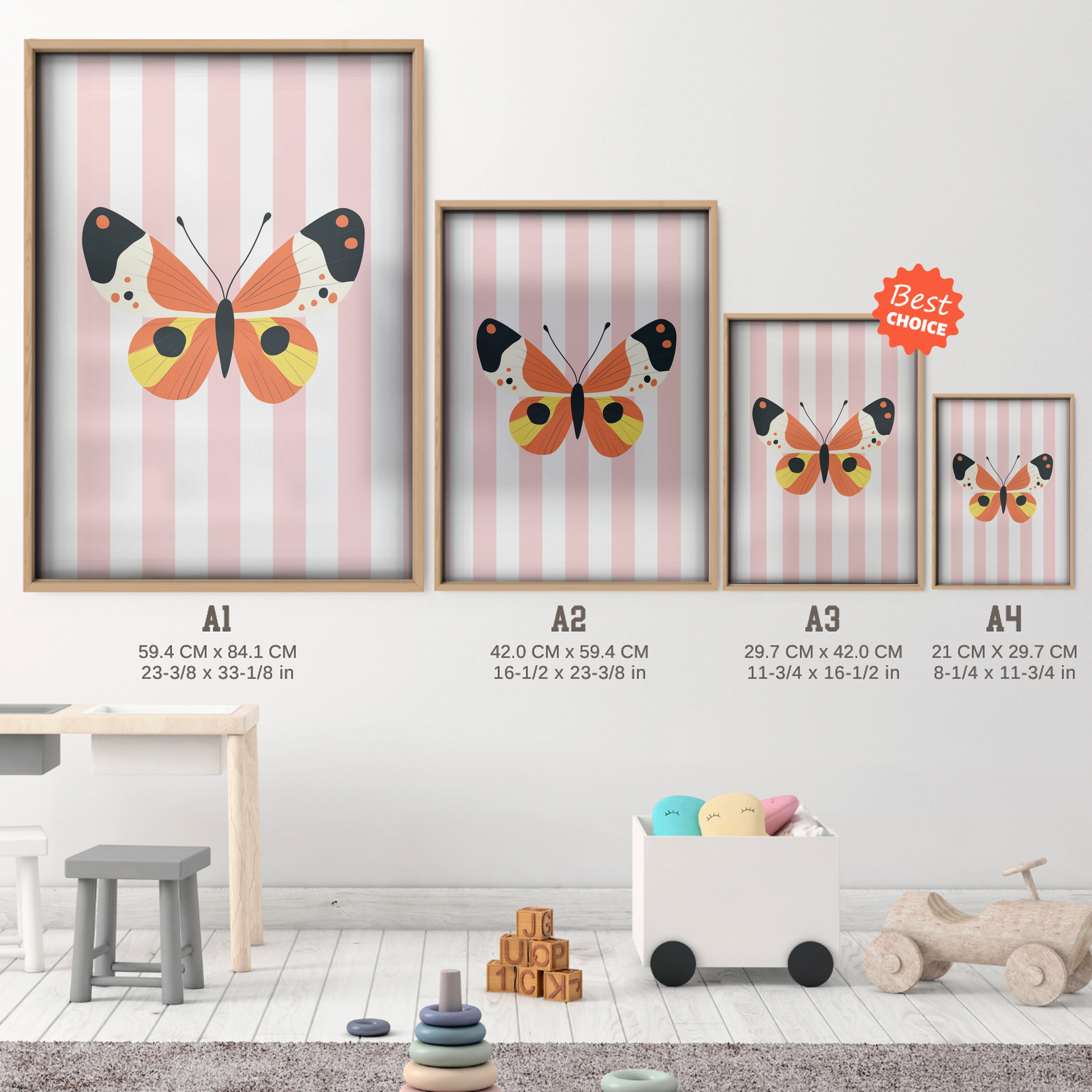 Bright Butterfly Nursery Print - size guide A4 A3 A2 A1 nursery print