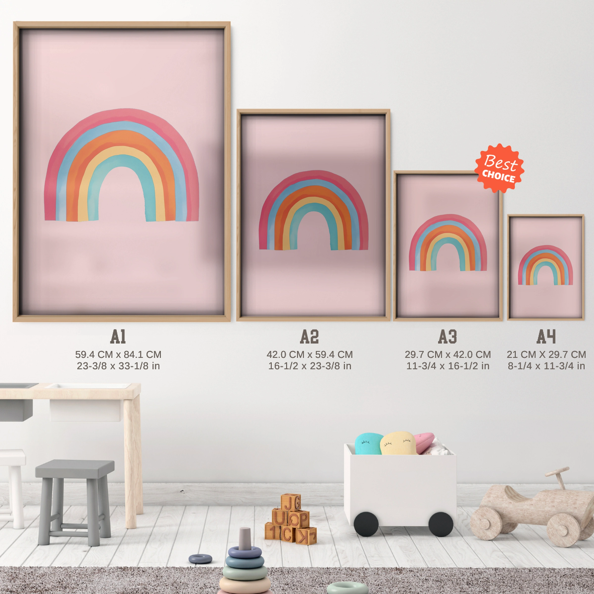 Bright Rainbow Nursery Print - size guide A4 A3 A2 A1 nursery print