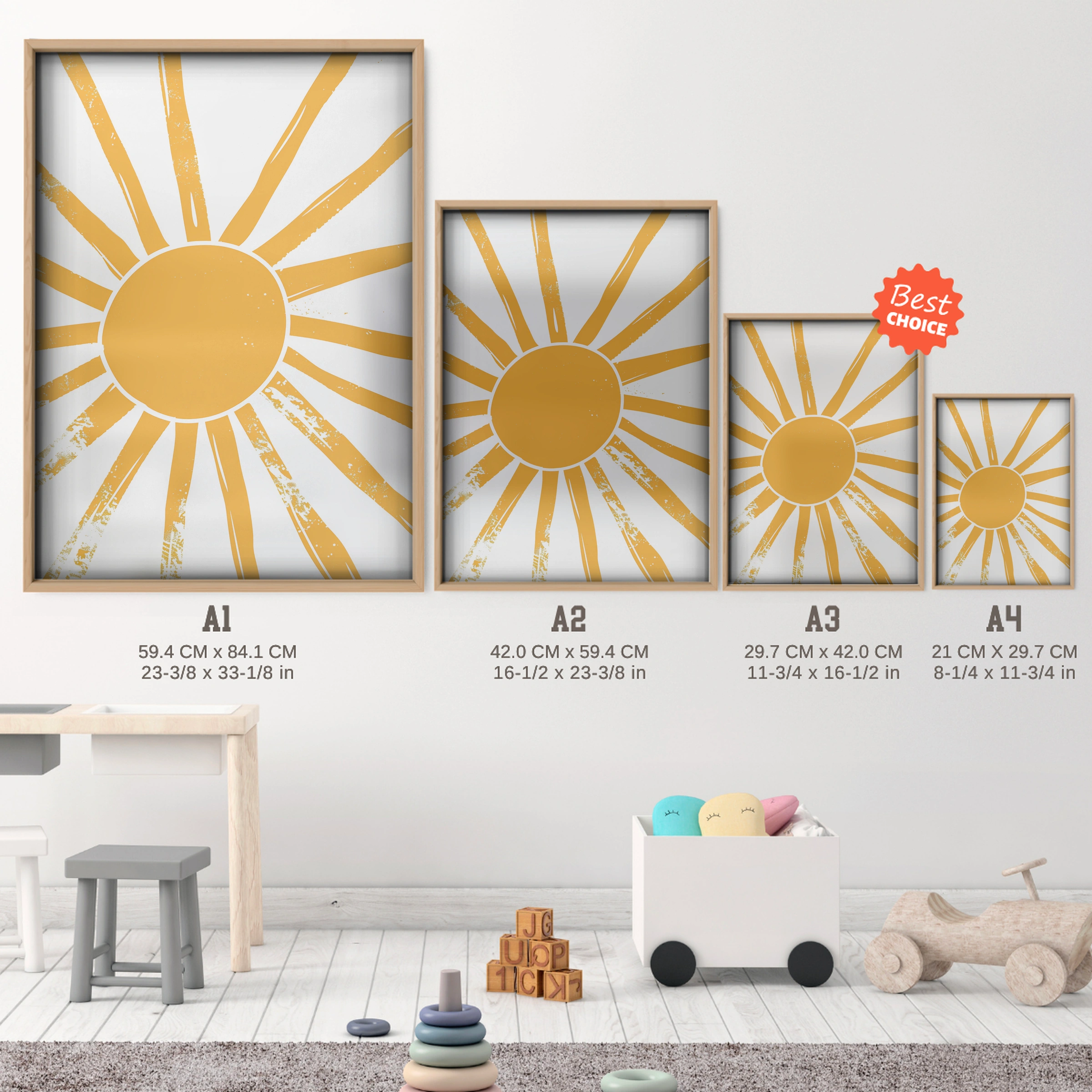 Bright Sun Nursery Print - size guide A4 A3 A2 A1 nursery print