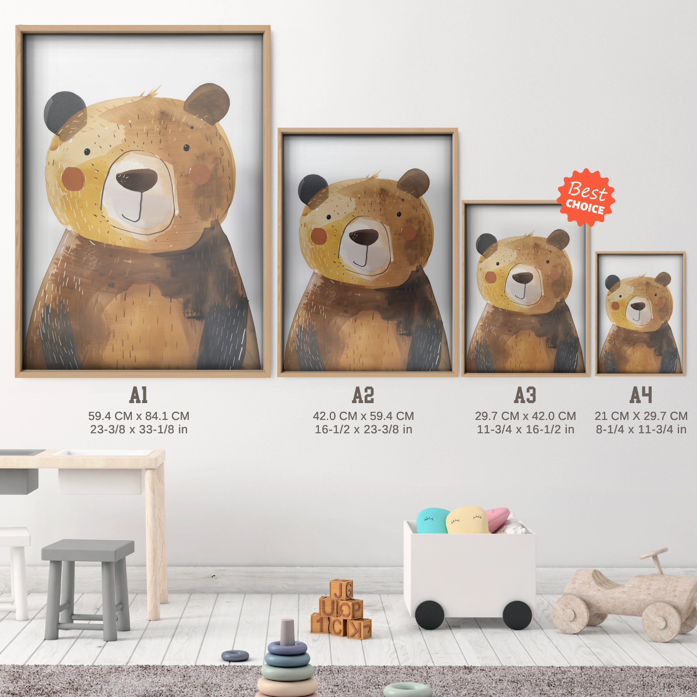 Brown Bear Nursery Print - size guide A4 A3 A2 A1 nursery print