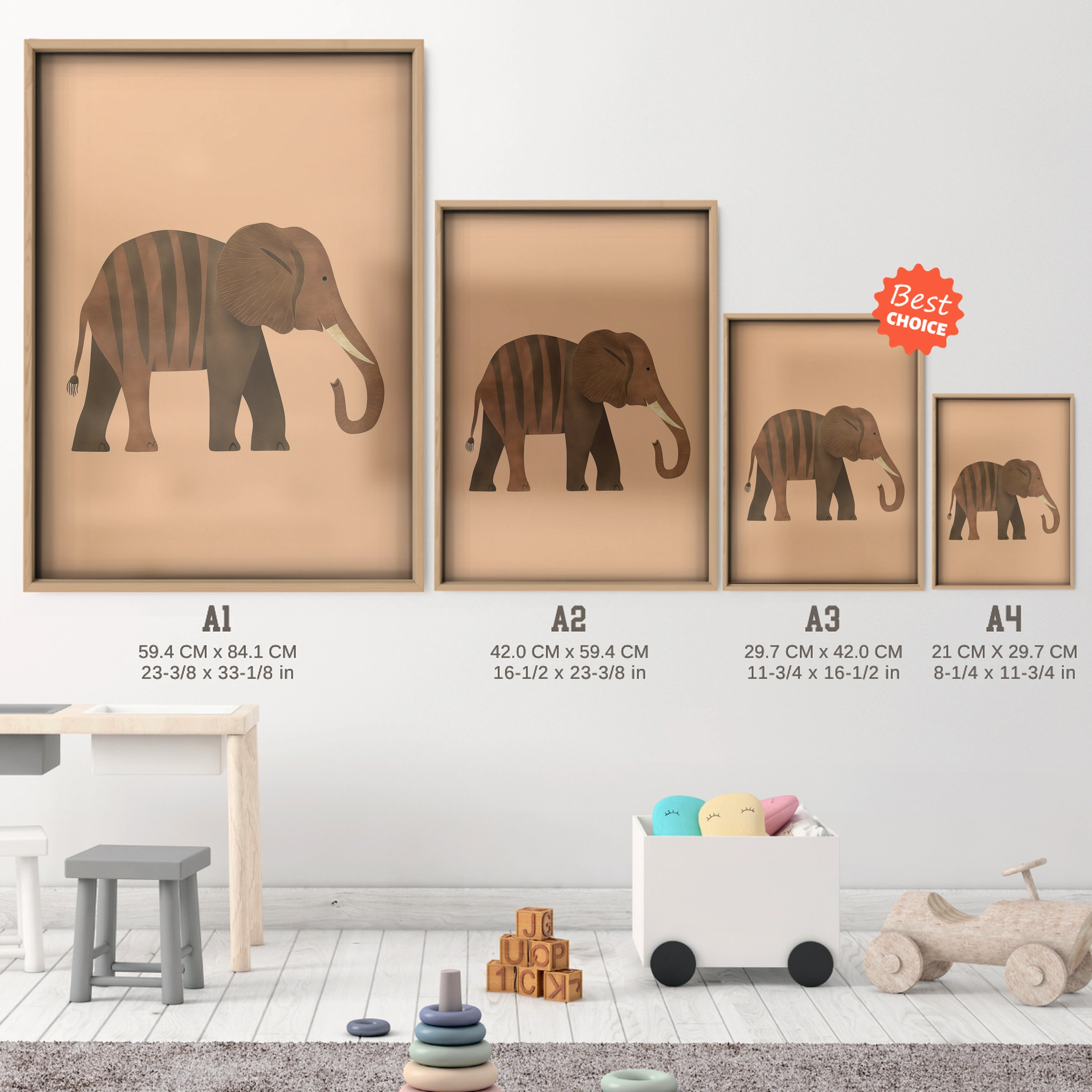 Brown Elephant Nursery Print - size guide A4 A3 A2 A1 nursery print