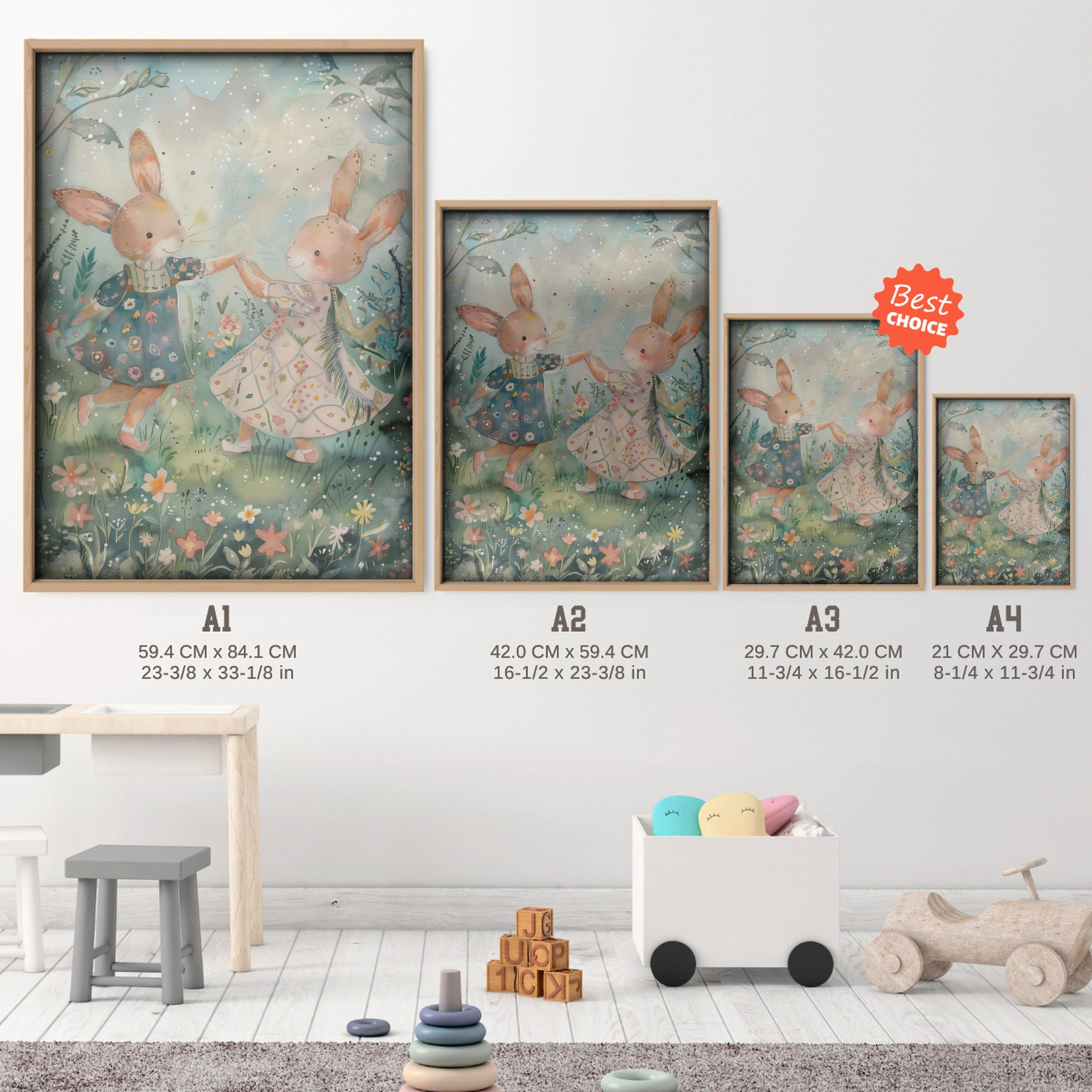 Bunnies Dancing Nursery Print - size guide A4 A3 A2 A1 nursery print