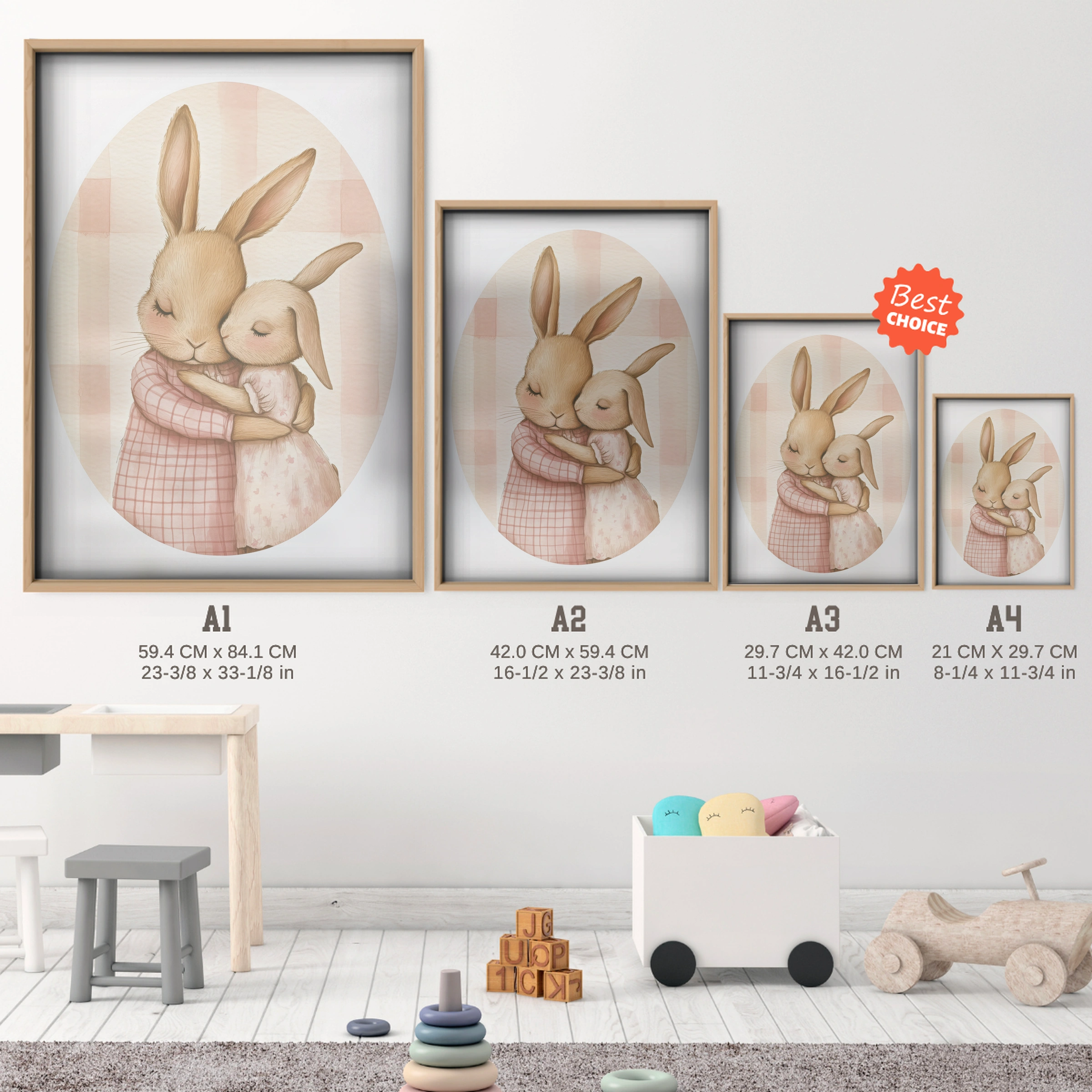 Bunnies Hugging Nursery Print - size guide A4 A3 A2 A1 nursery print