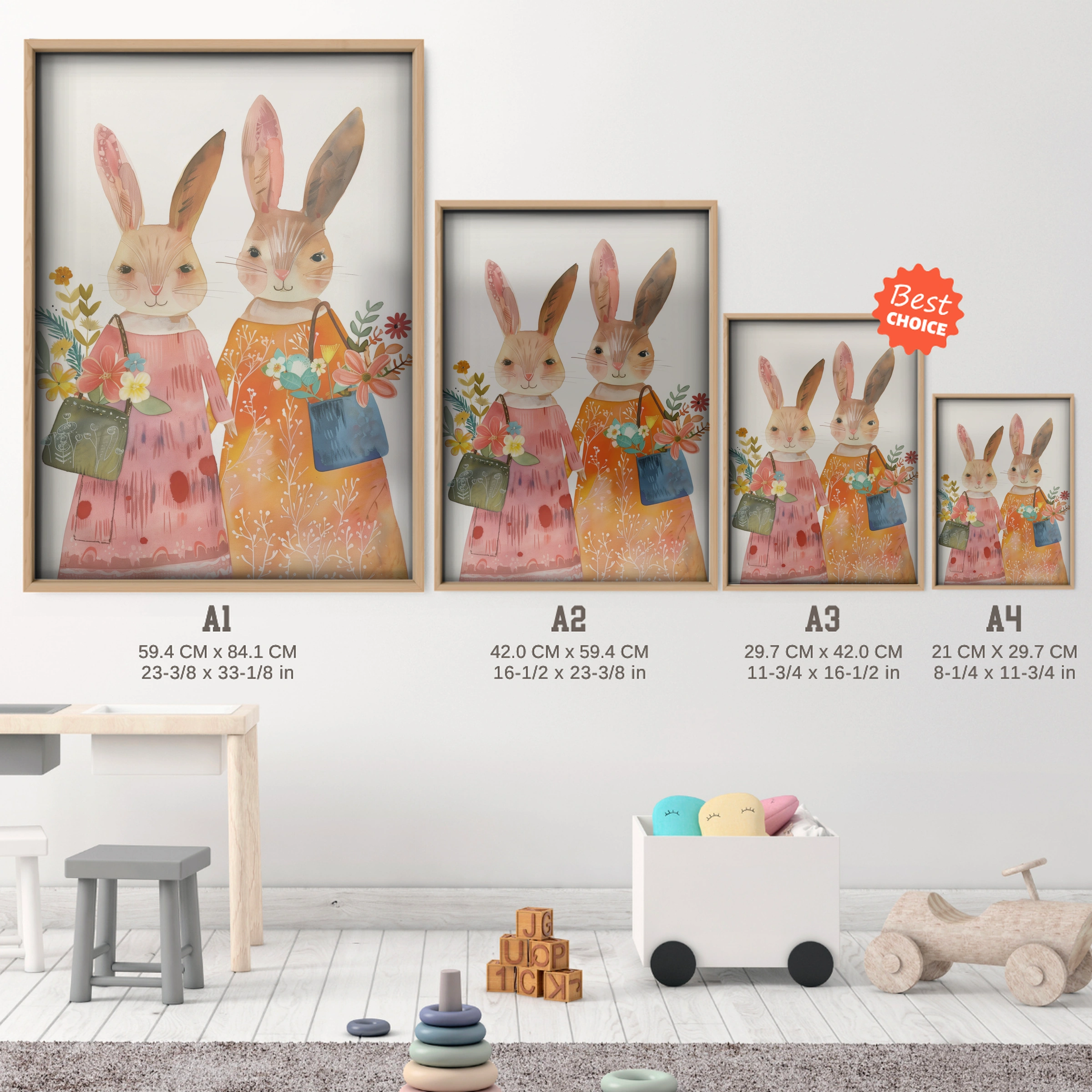 Bunnies in Dresses Nursery Print - size guide A4 A3 A2 A1 nursery print