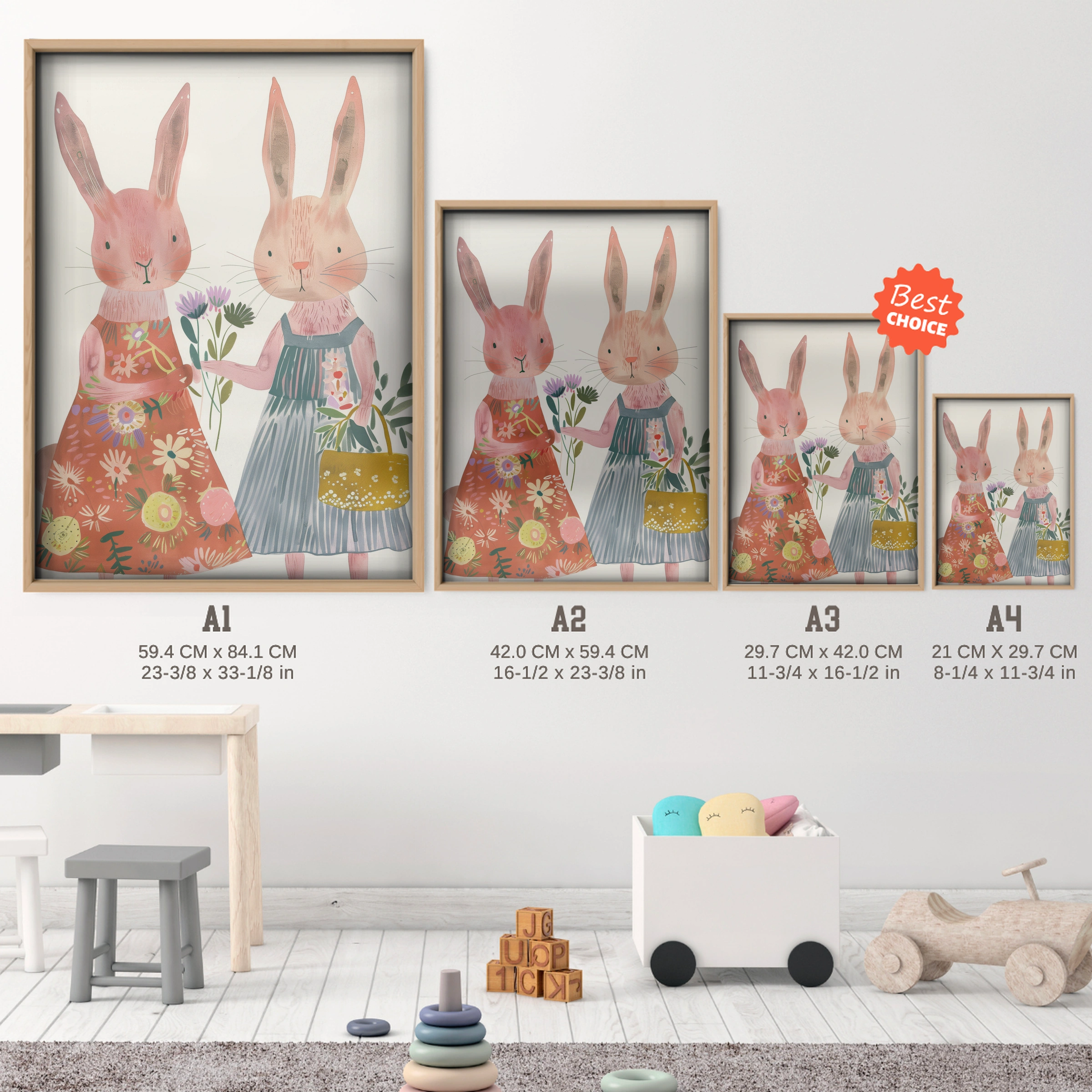 Bunnies with Flowers Nursery Print - size guide A4 A3 A2 A1 nursery print