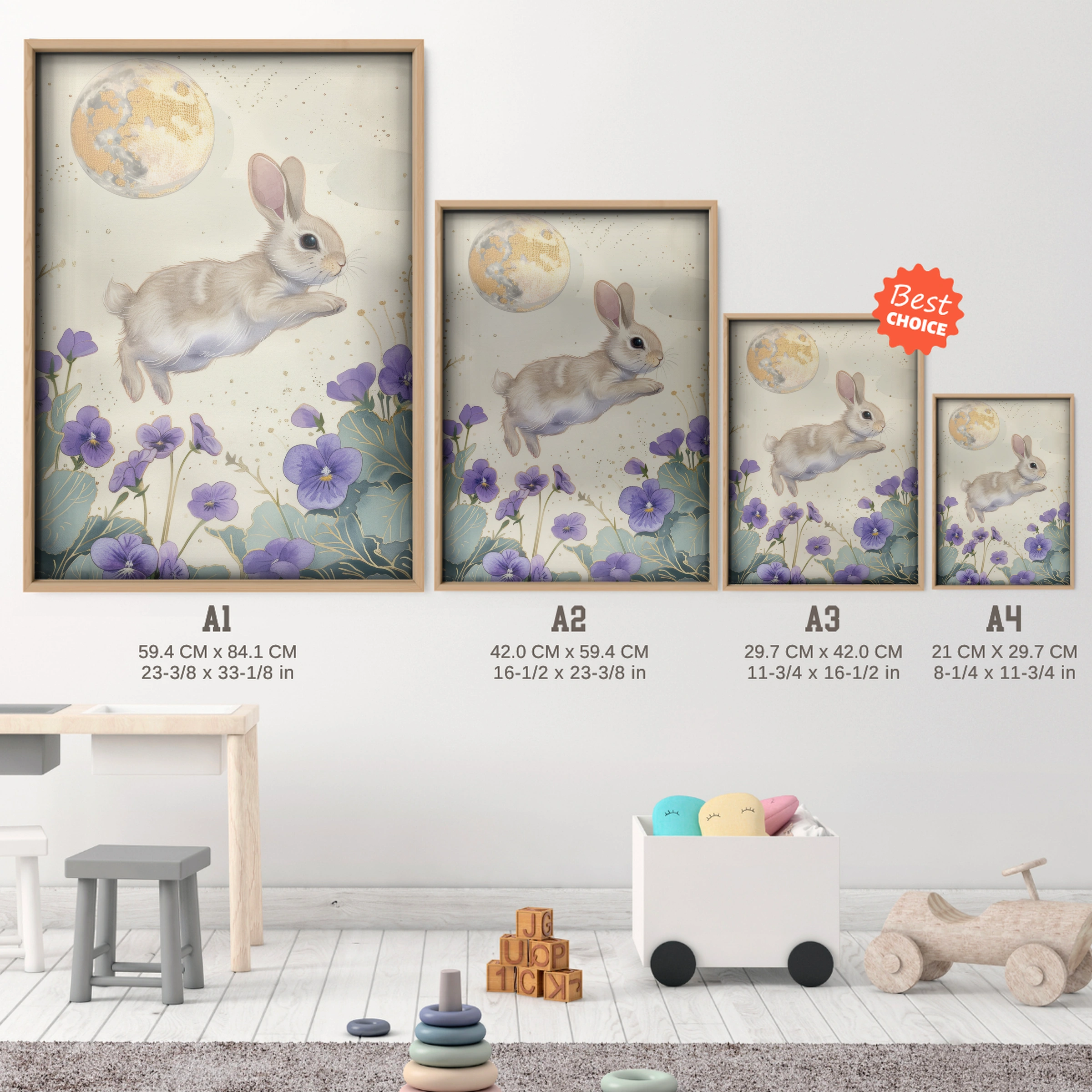 Bunny and the Moon Nursery Print - size guide A4 A3 A2 A1 nursery print