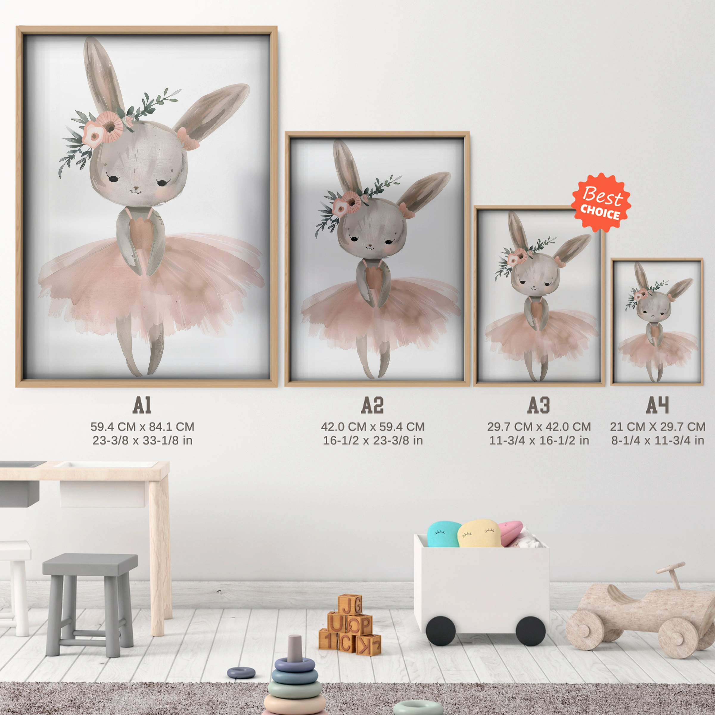 Bunny Ballerina Nursery Print - size guide A4 A3 A2 A1 nursery print