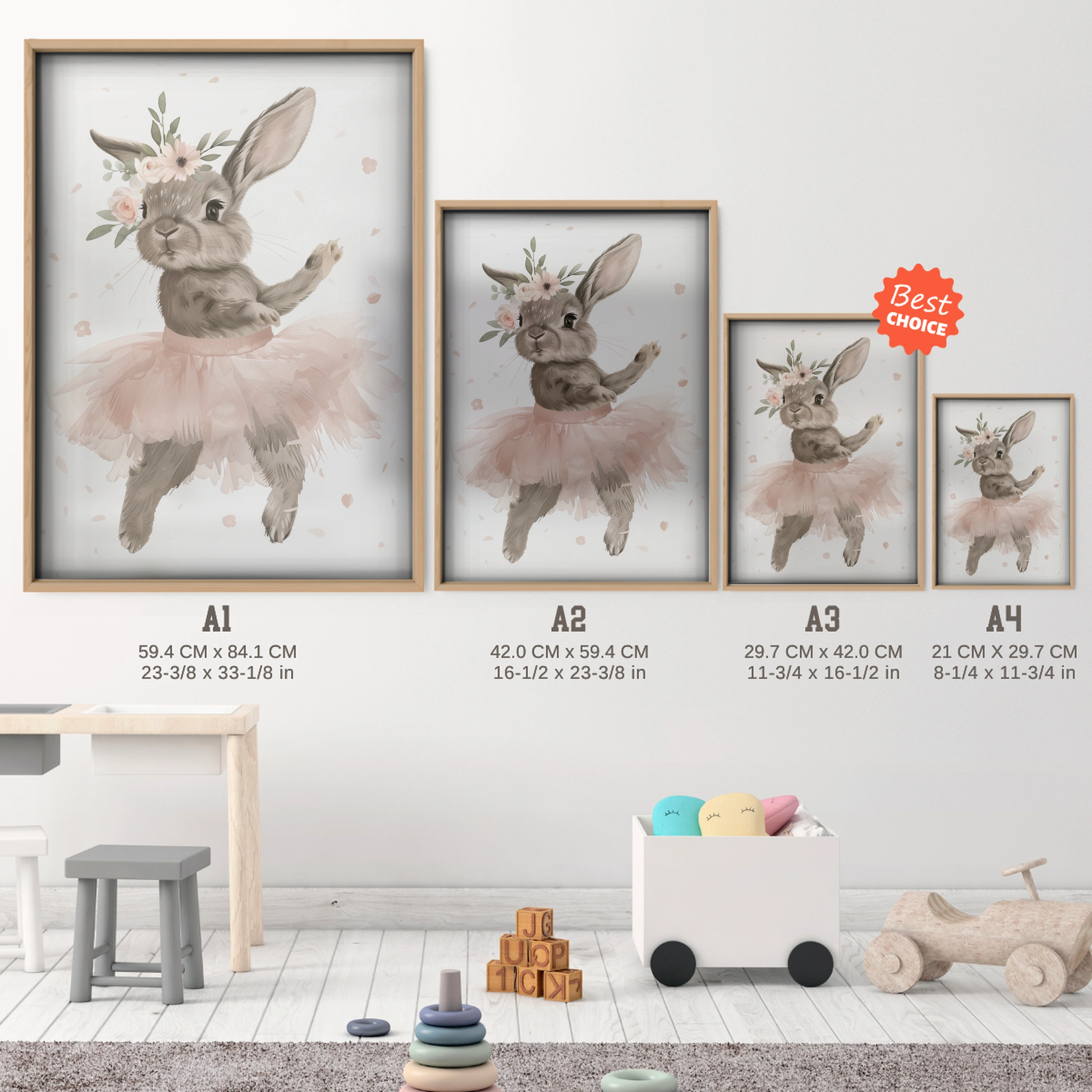 Bunny Ballerina with Flowers Nursery Print - size guide A4 A3 A2 A1 nursery print