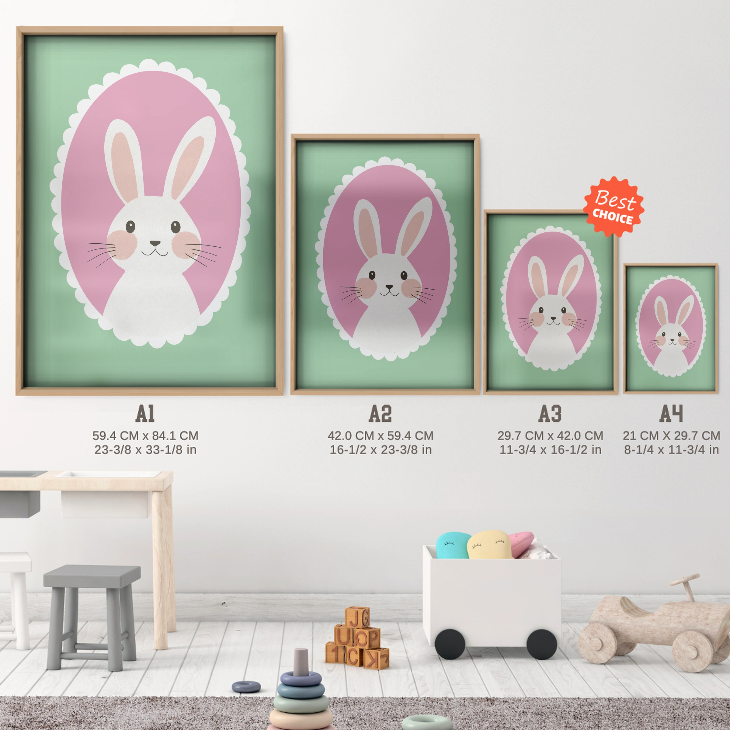 Bunny Cameo Nursery Print - size guide A4 A3 A2 A1 nursery print
