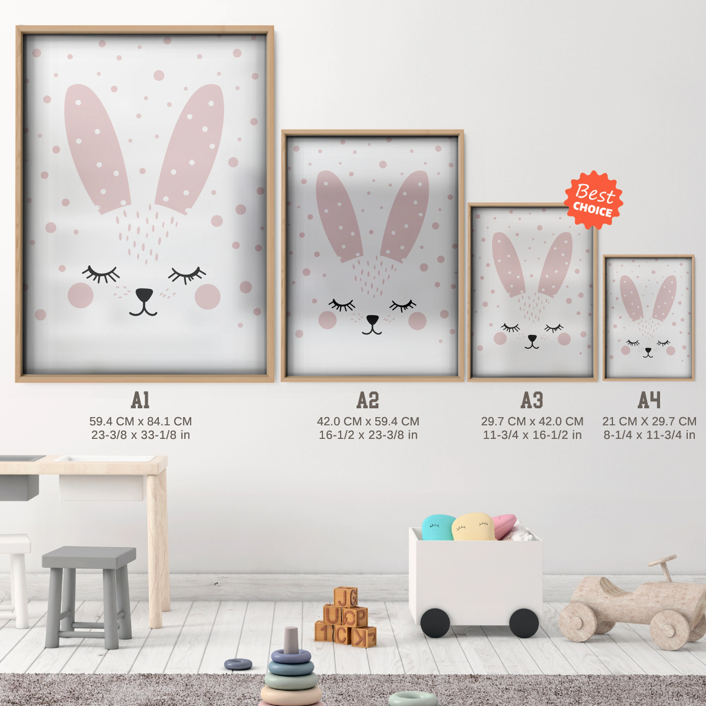 Bunny Face Nursery Print - size guide A4 A3 A2 A1 nursery print