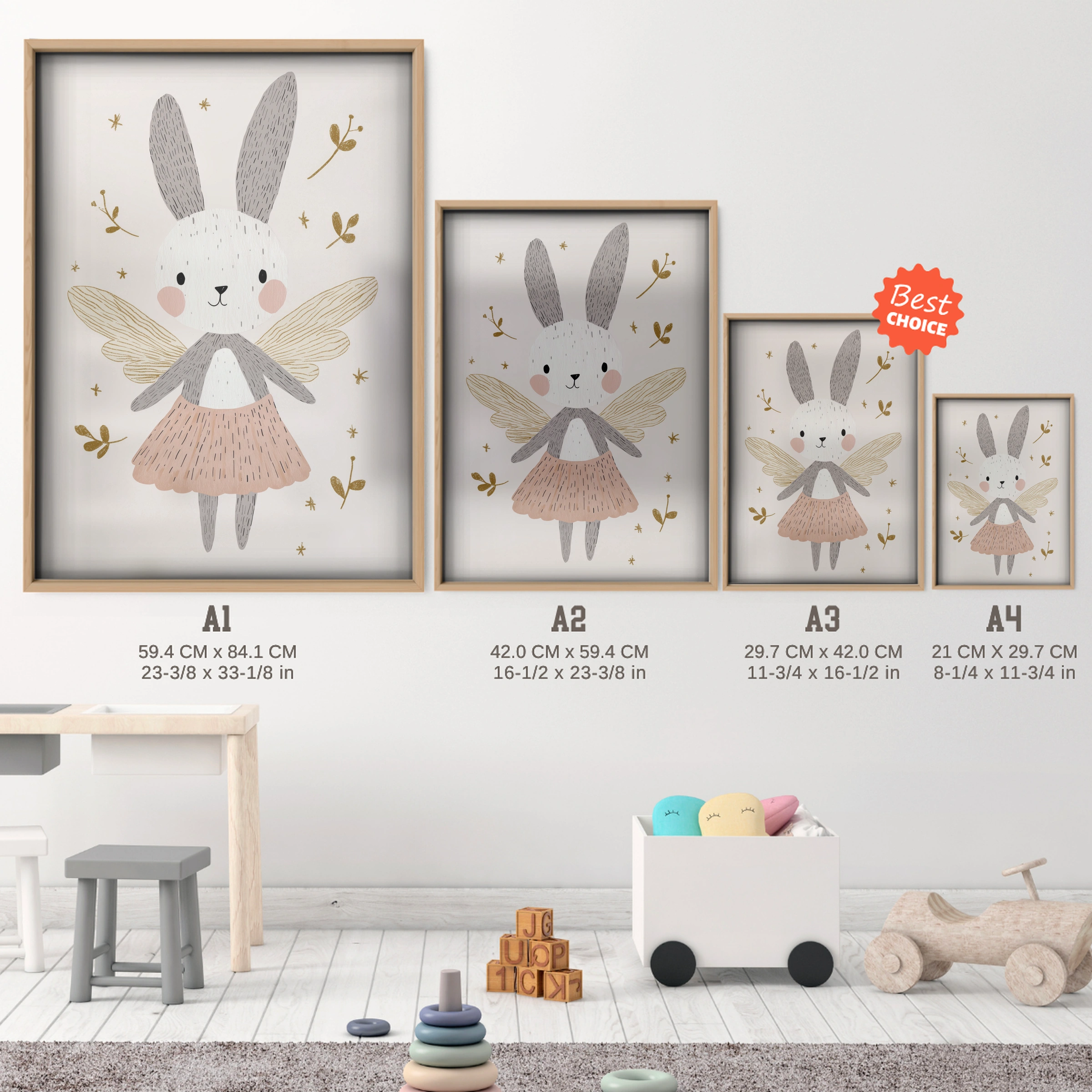 Bunny Fairy Nursery Print - size guide A4 A3 A2 A1 nursery print