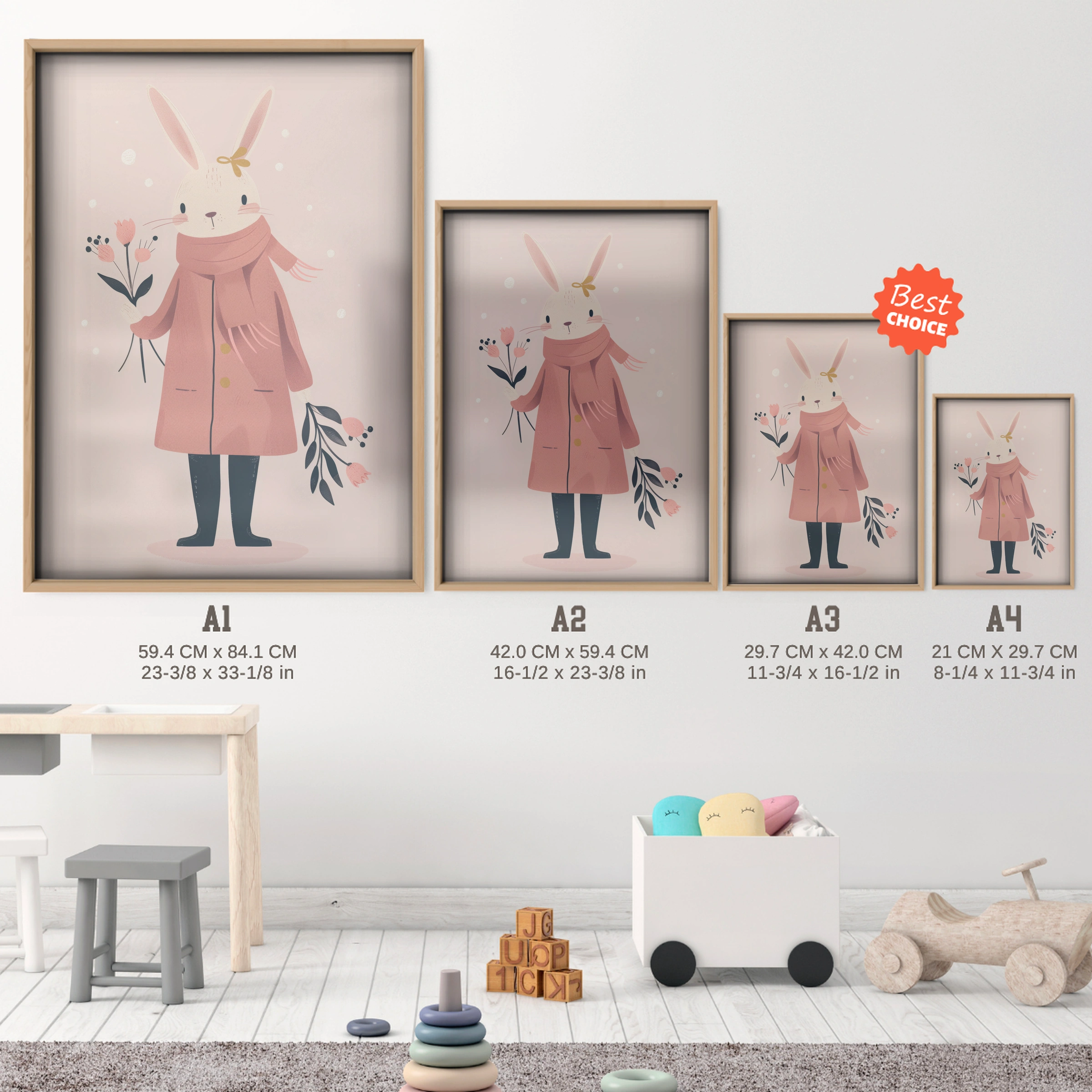 Bunny in a Coat Nursery Print - size guide A4 A3 A2 A1 nursery print