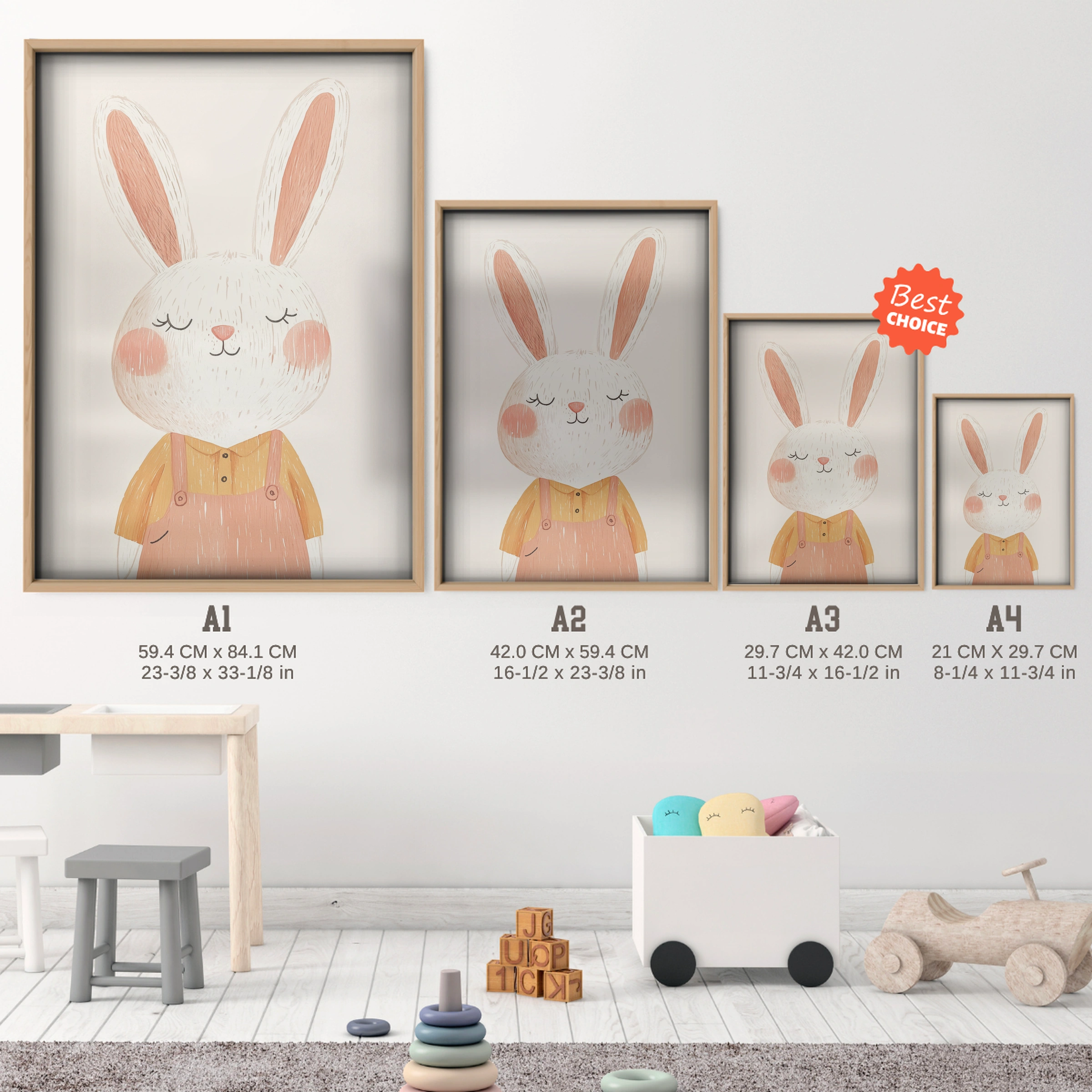 Bunny in a Dress Nursery Print - size guide A4 A3 A2 A1 nursery print