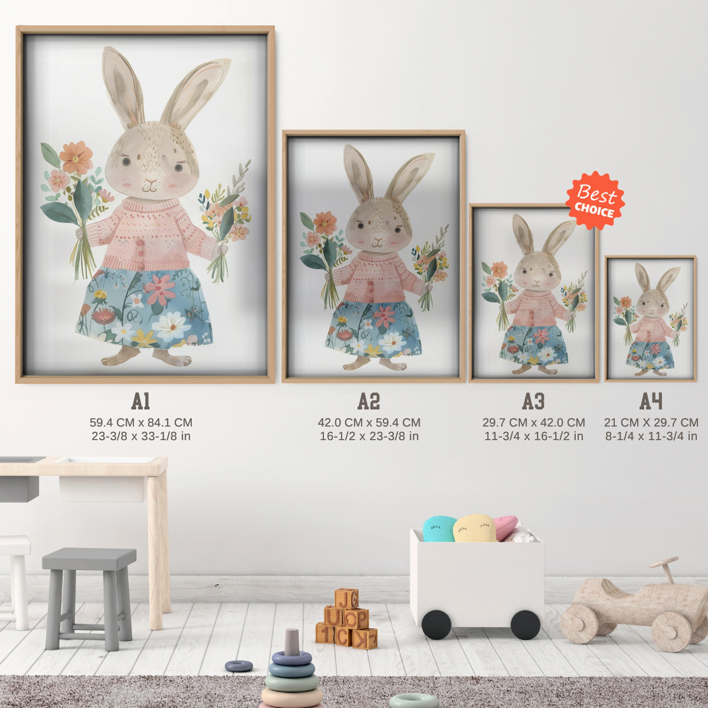 Bunny in a Dress Two Nursery Print - size guide A4 A3 A2 A1 nursery print