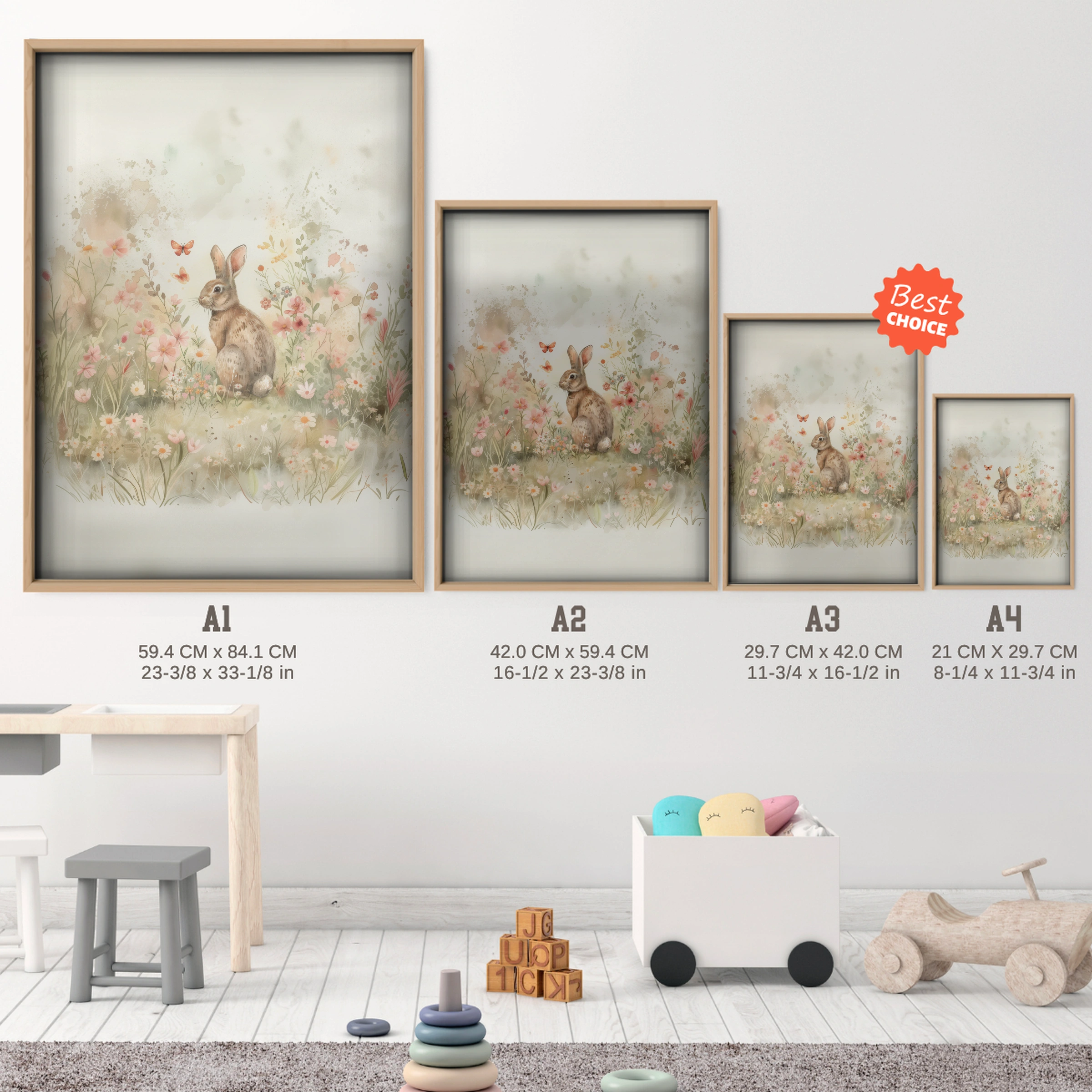 Bunny in a Meadow Nursery Print - size guide A4 A3 A2 A1 nursery print