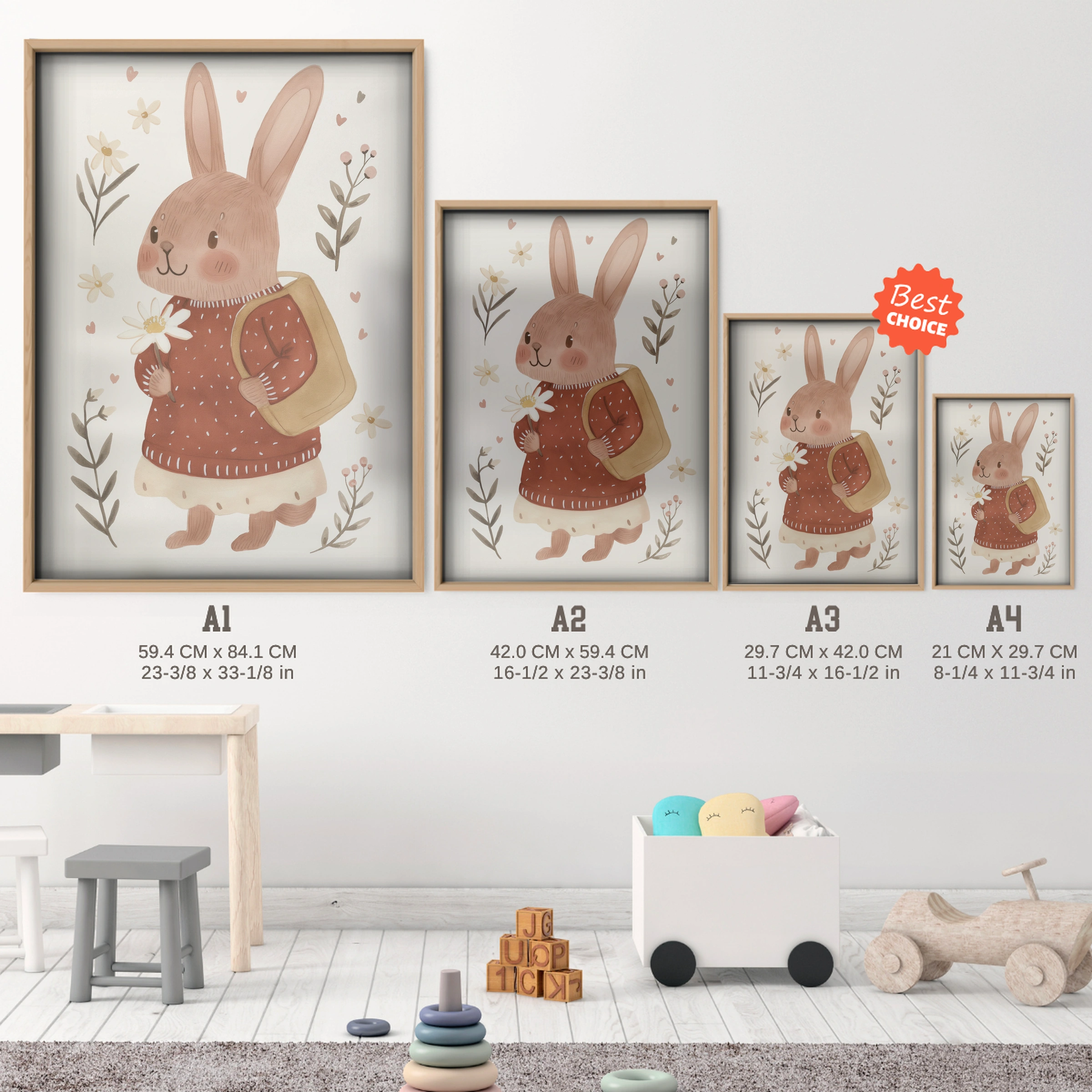 Bunny in a Pinafore Nursery Print - size guide A4 A3 A2 A1 nursery print