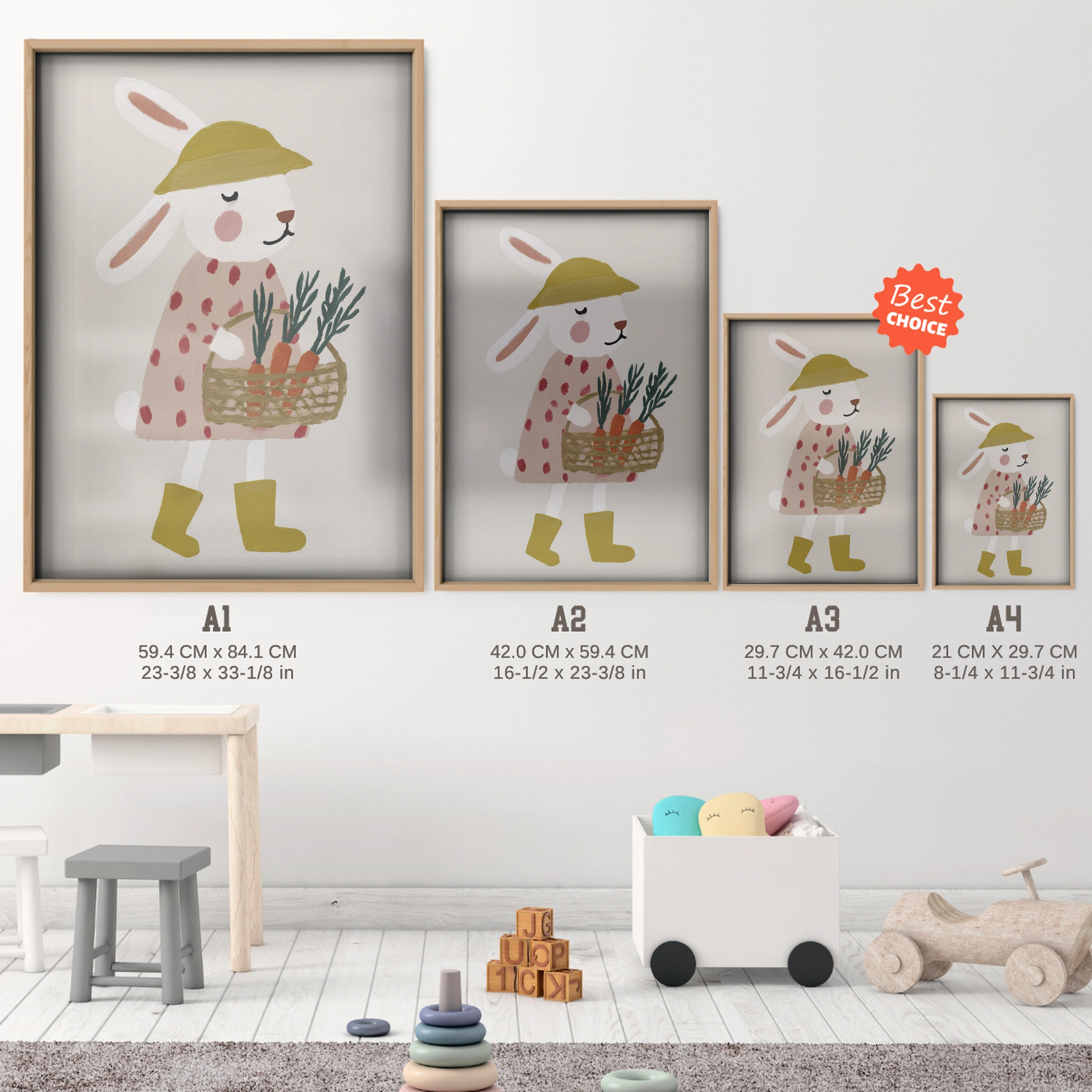 Bunny in a Raincoat Nursery Print - size guide A4 A3 A2 A1 nursery print