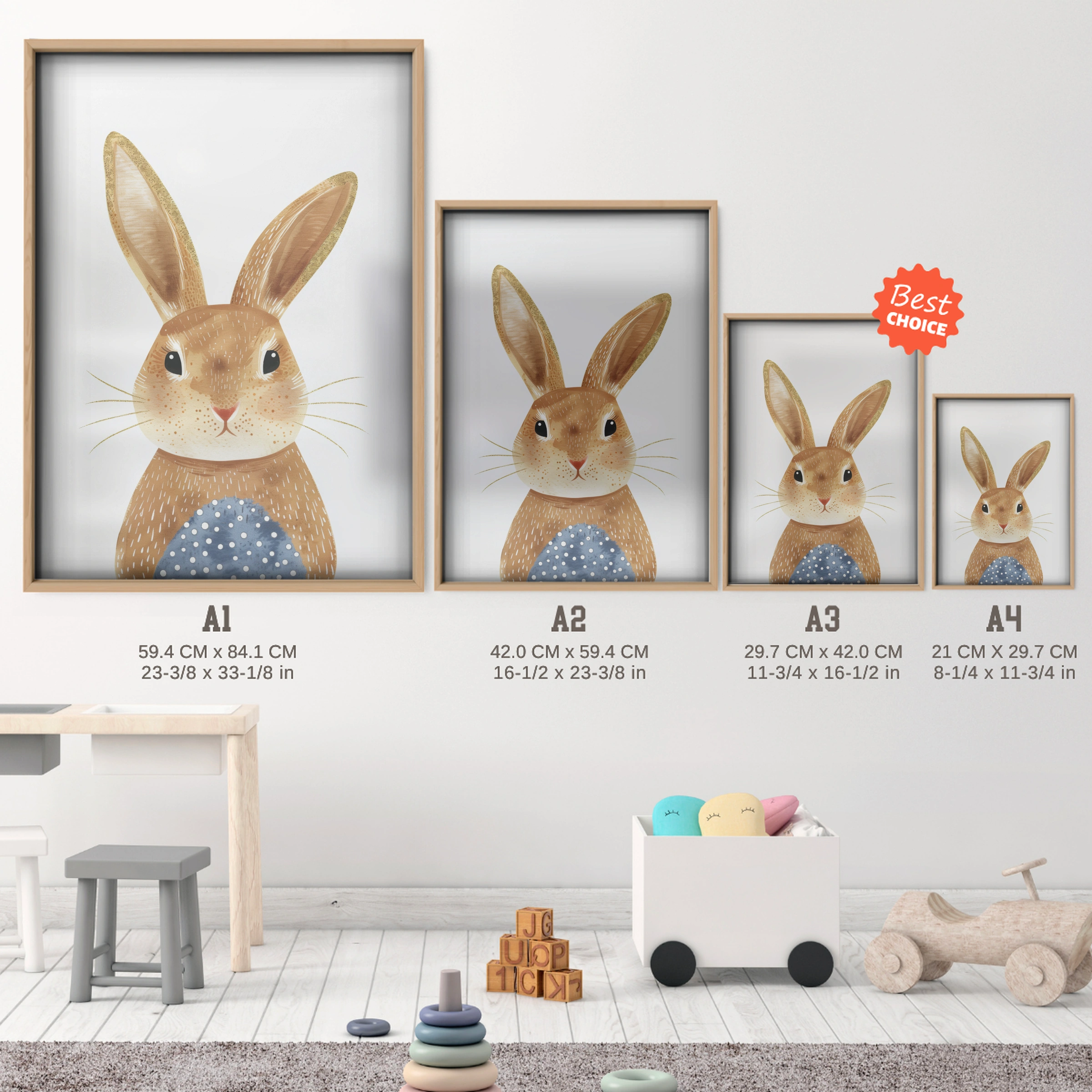 Bunny in Blue Nursery Print - size guide A4 A3 A2 A1 nursery print