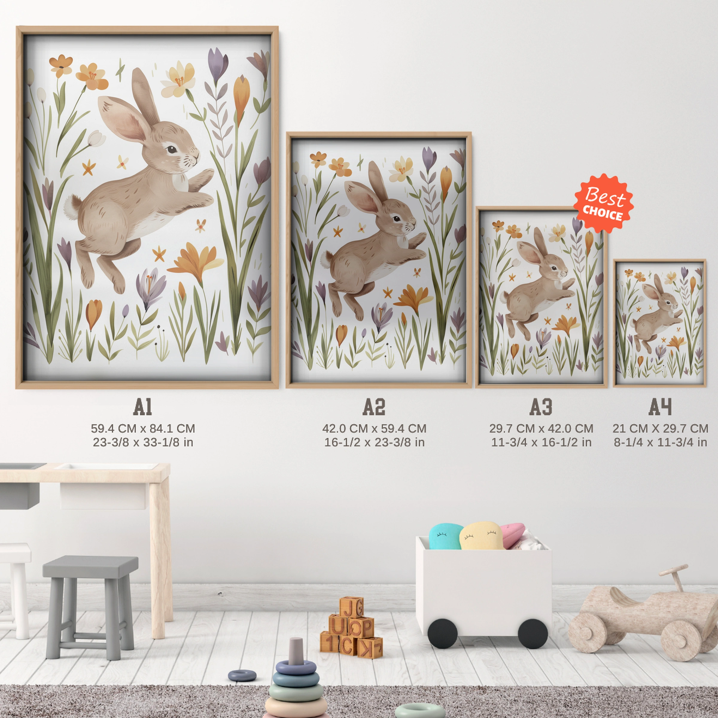Bunny in Flowers Nursery Print - size guide A4 A3 A2 A1 nursery print