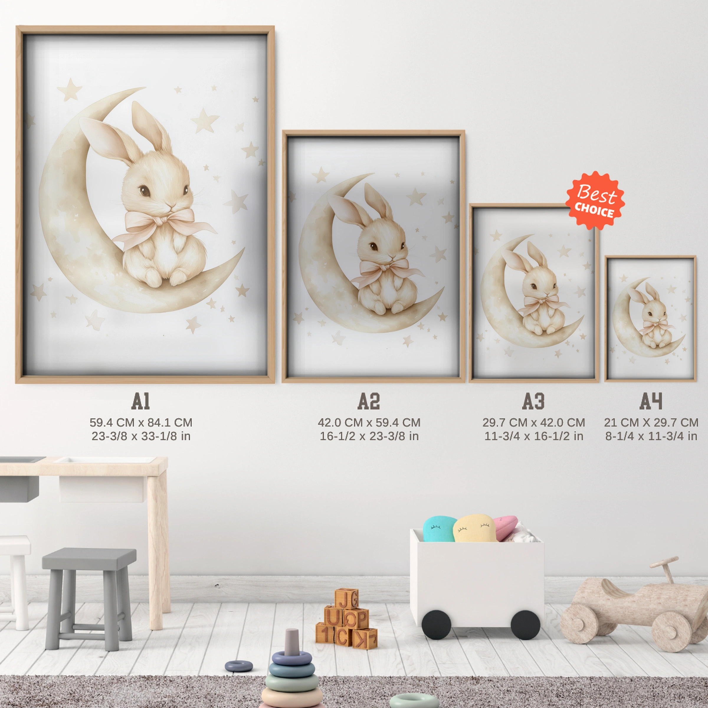 Bunny on the Moon Nursery Print - size guide A4 A3 A2 A1 nursery print
