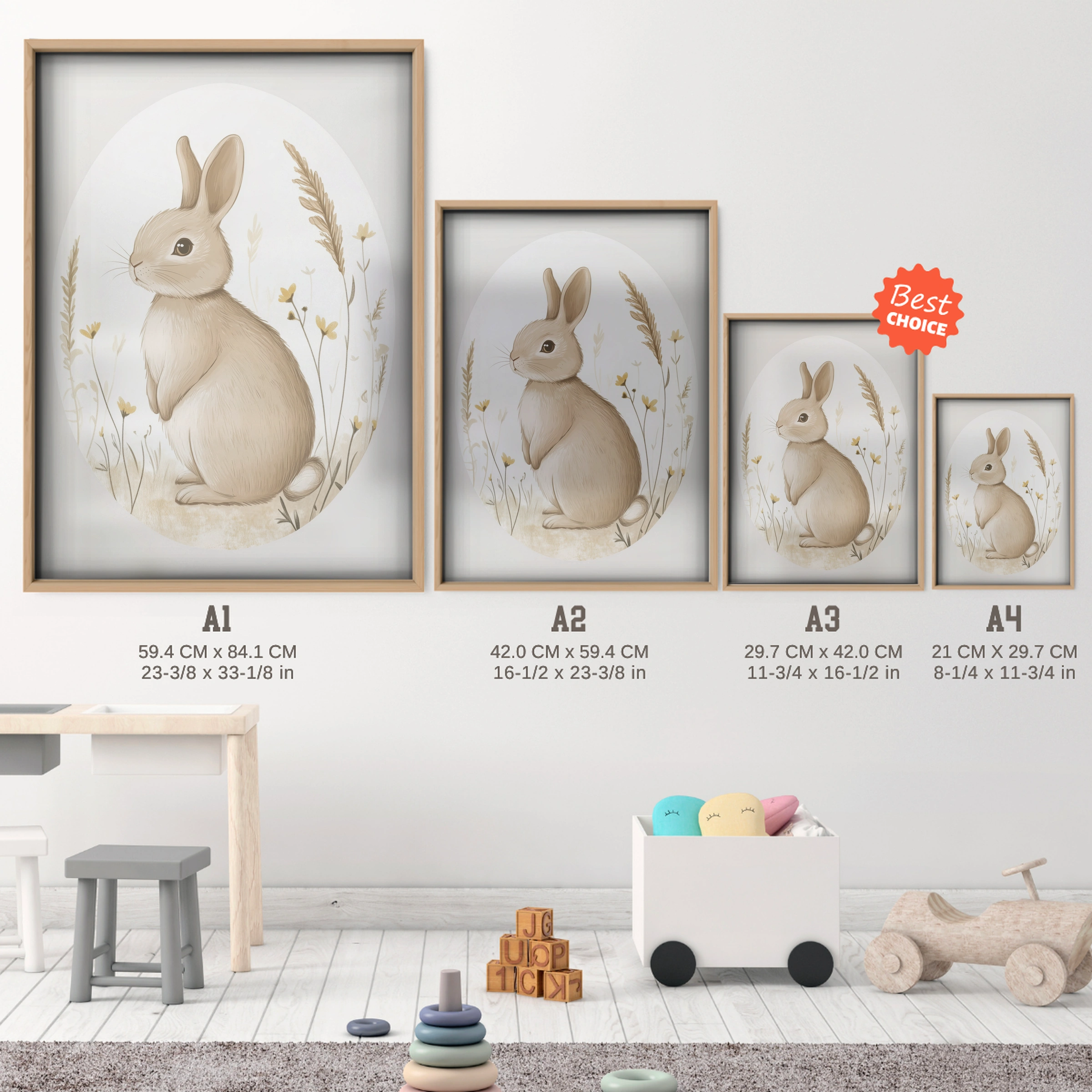 Bunny Oval Nursery Print - size guide A4 A3 A2 A1 nursery print