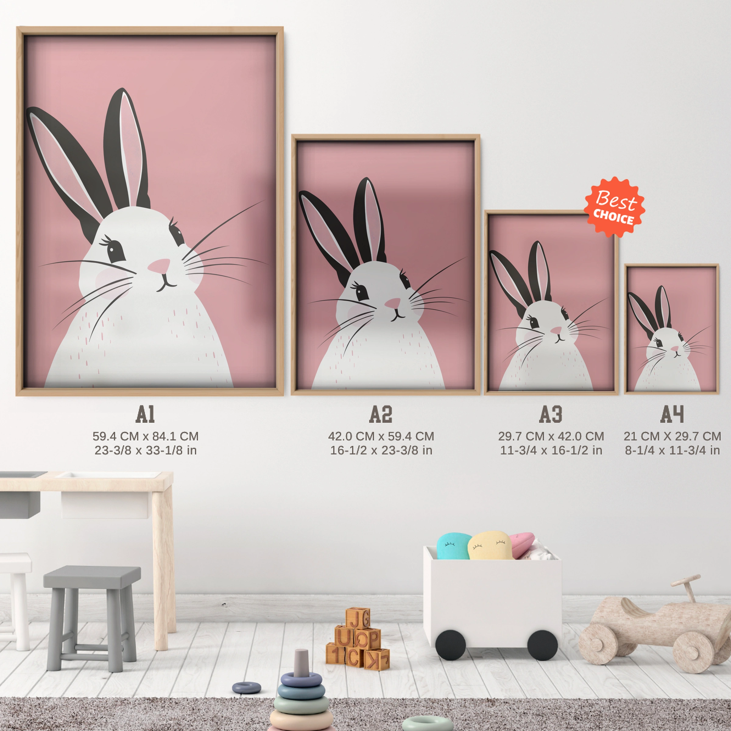 Bunny Portrait Nursery Print - size guide A4 A3 A2 A1 nursery print