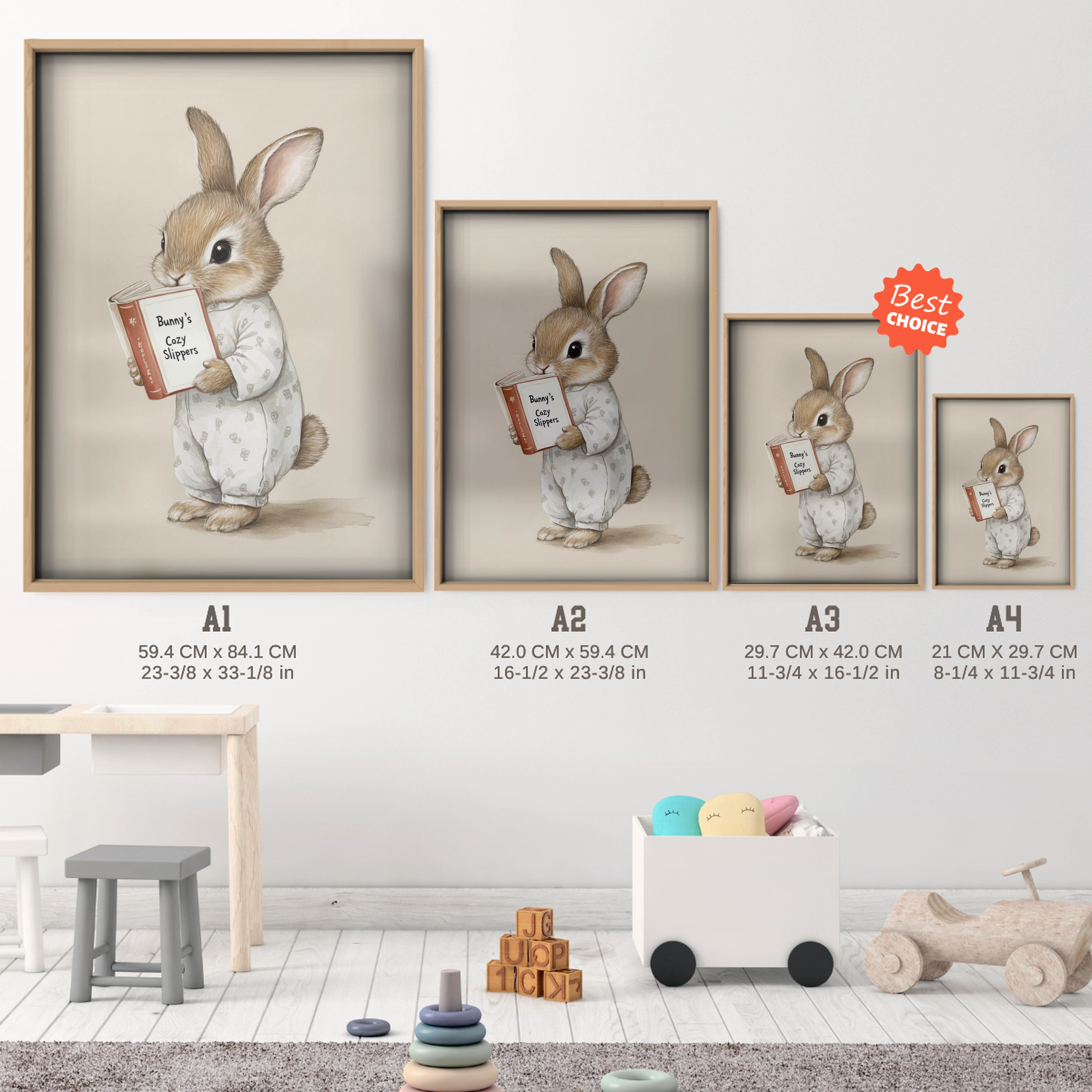 Bunny Reading Nursery Print - size guide A4 A3 A2 A1 nursery print