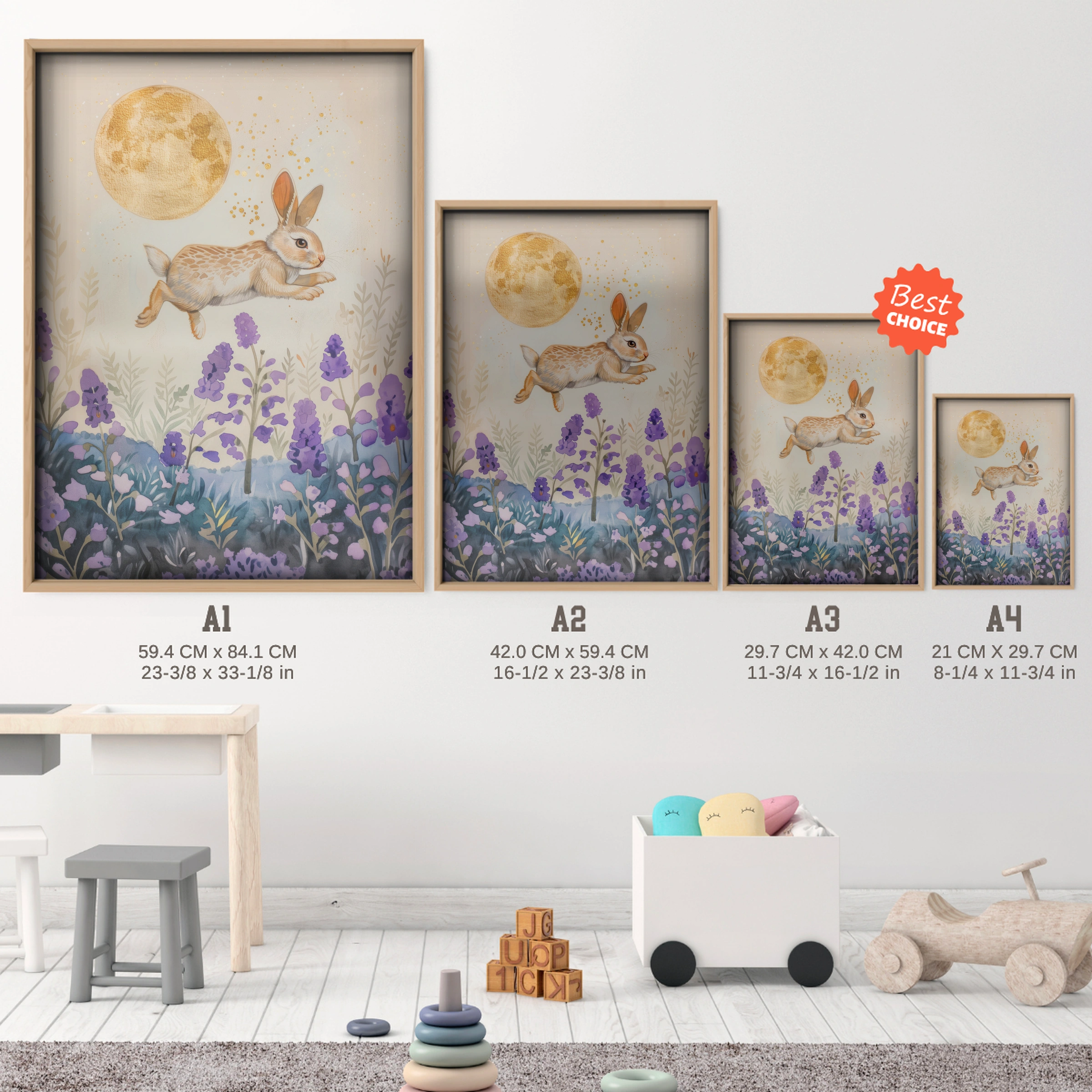 Bunny Under the Moon Nursery Print - size guide A4 A3 A2 A1 nursery print