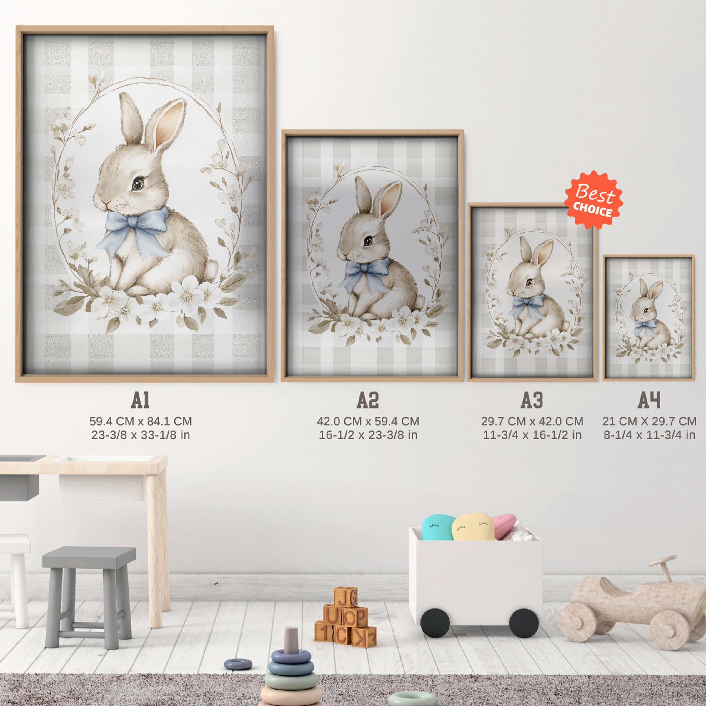 Bunny with a Bow Nursery Print - size guide A4 A3 A2 A1 nursery print