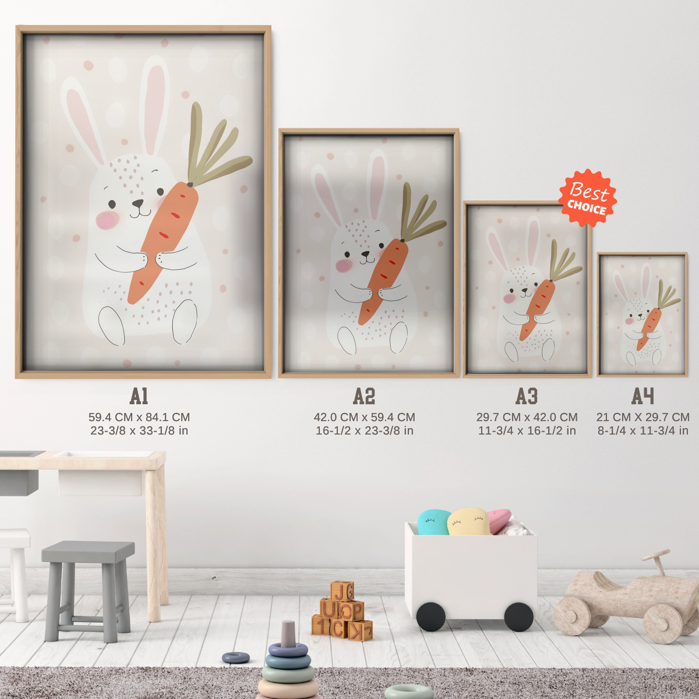 Bunny with Carrot Nursery Print - size guide A4 A3 A2 A1 nursery print