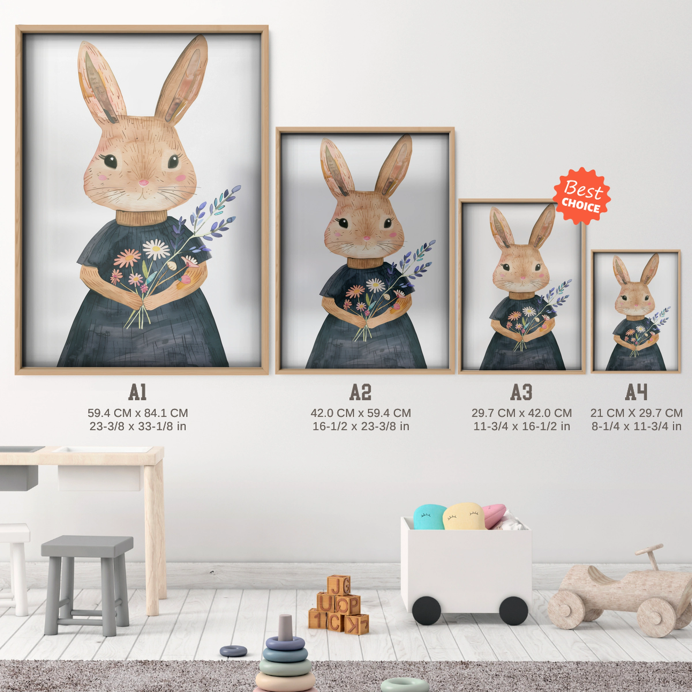 Bunny with Flowers Nursery Print - size guide A4 A3 A2 A1 nursery print
