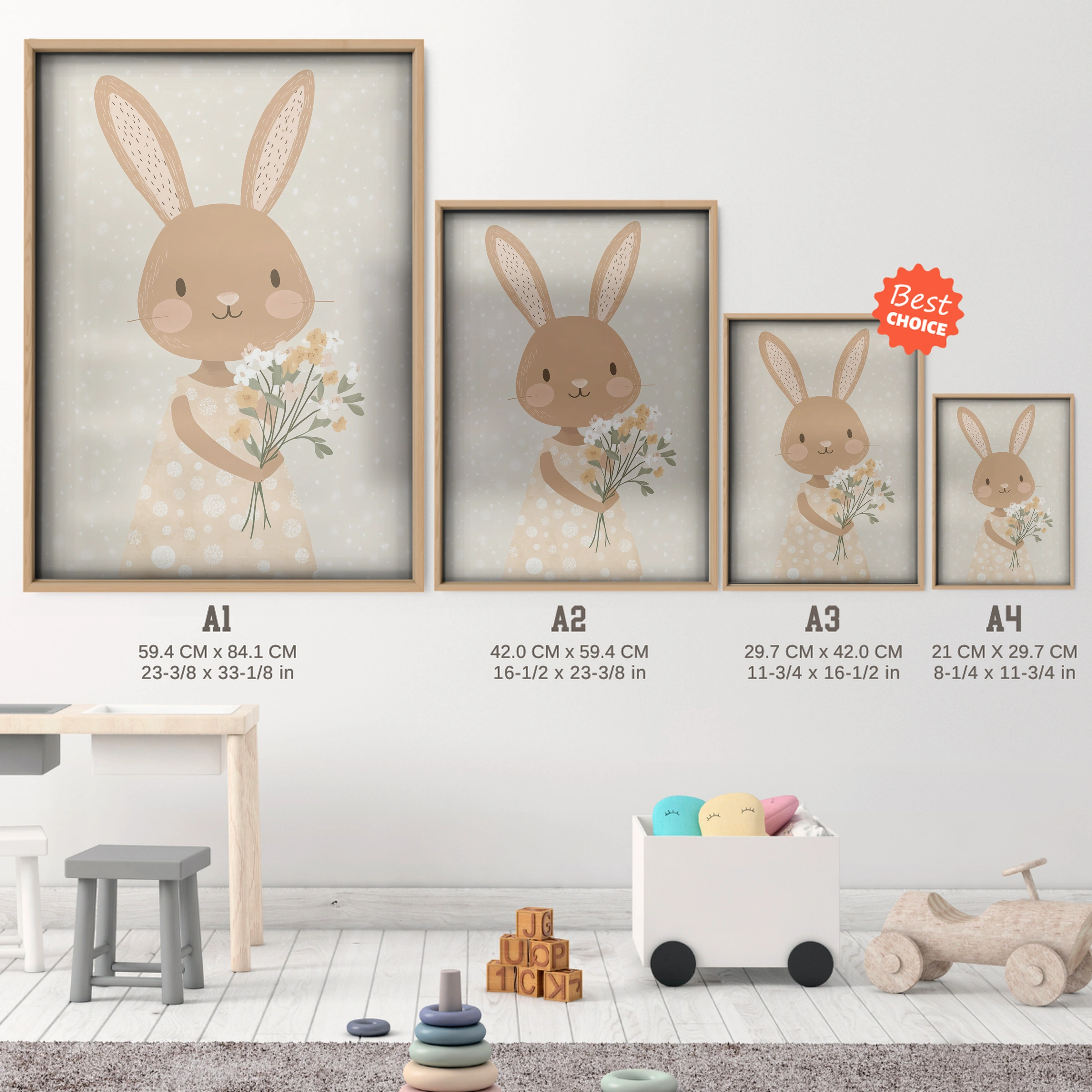 Bunny with Flowers Two Nursery Print - size guide A4 A3 A2 A1 nursery print