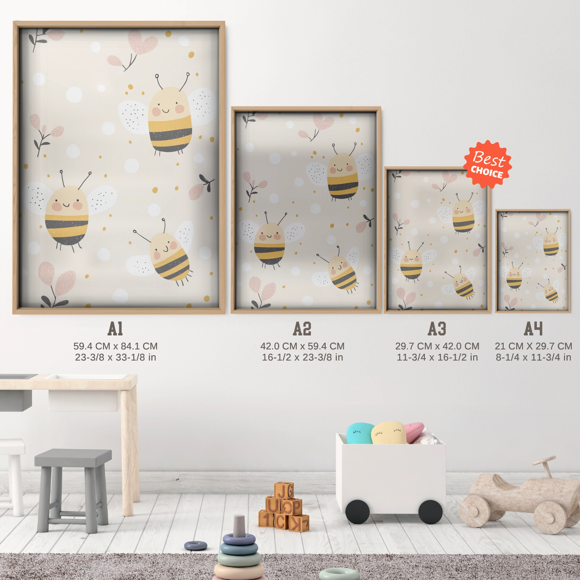 Busy Bees Nursery Print - size guide A4 A3 A2 A1 nursery print