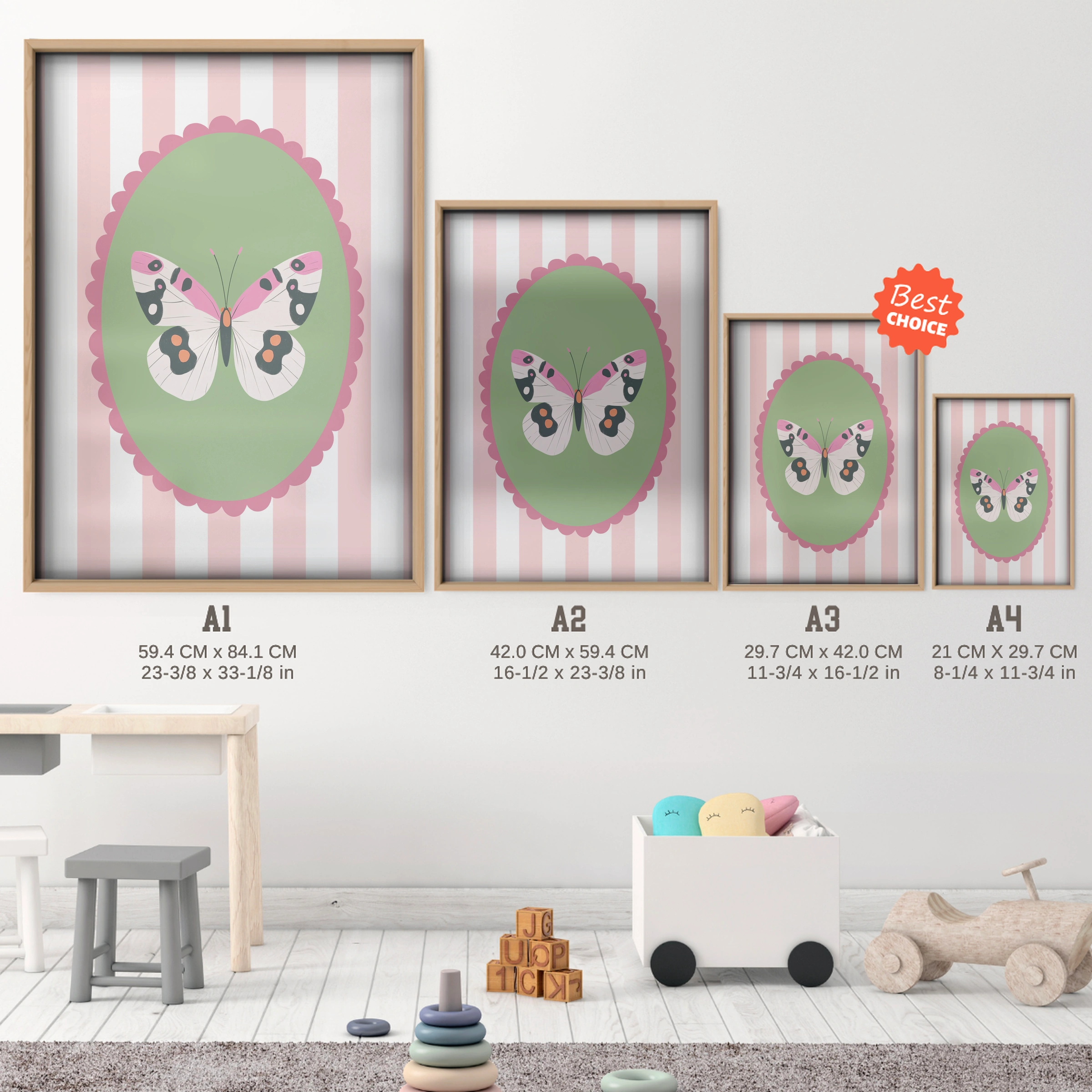 Butterfly Cameo Nursery Print - size guide A4 A3 A2 A1 nursery print