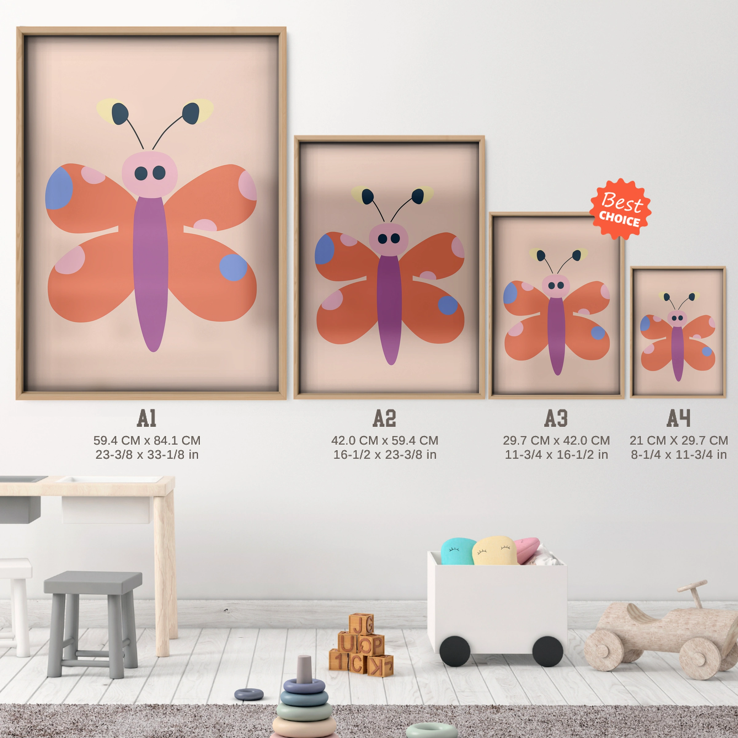 Butterfly Nursery Print - size guide A4 A3 A2 A1 nursery print
