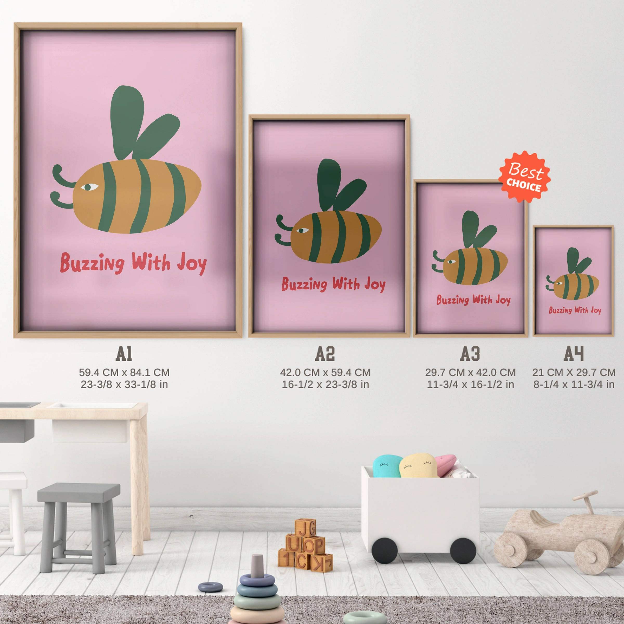 Buzzing With Joy Nursery Print - size guide A4 A3 A2 A1 nursery print