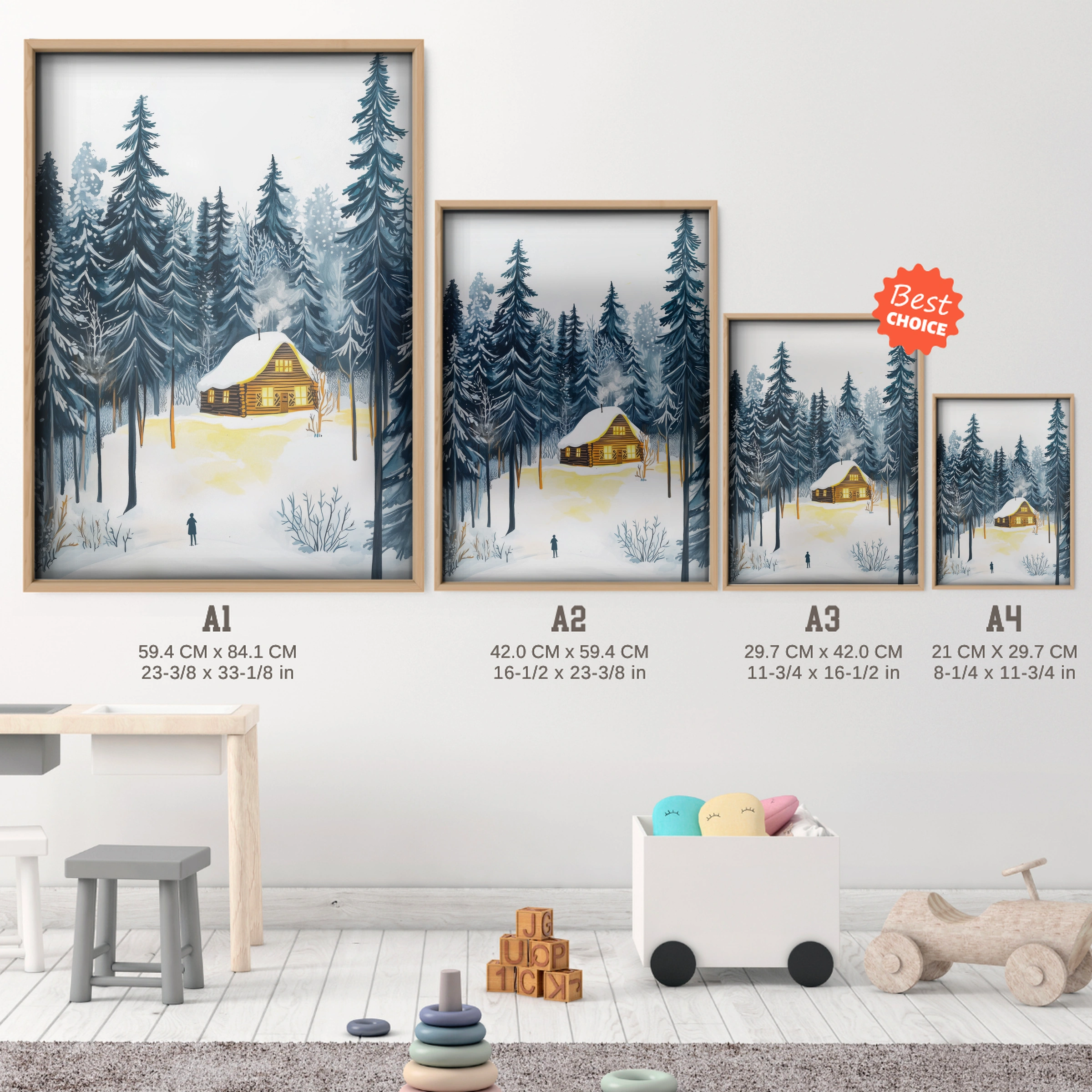 Cabin in the Forest Christmas Print - size guide A4 A3 A2 A1 nursery print