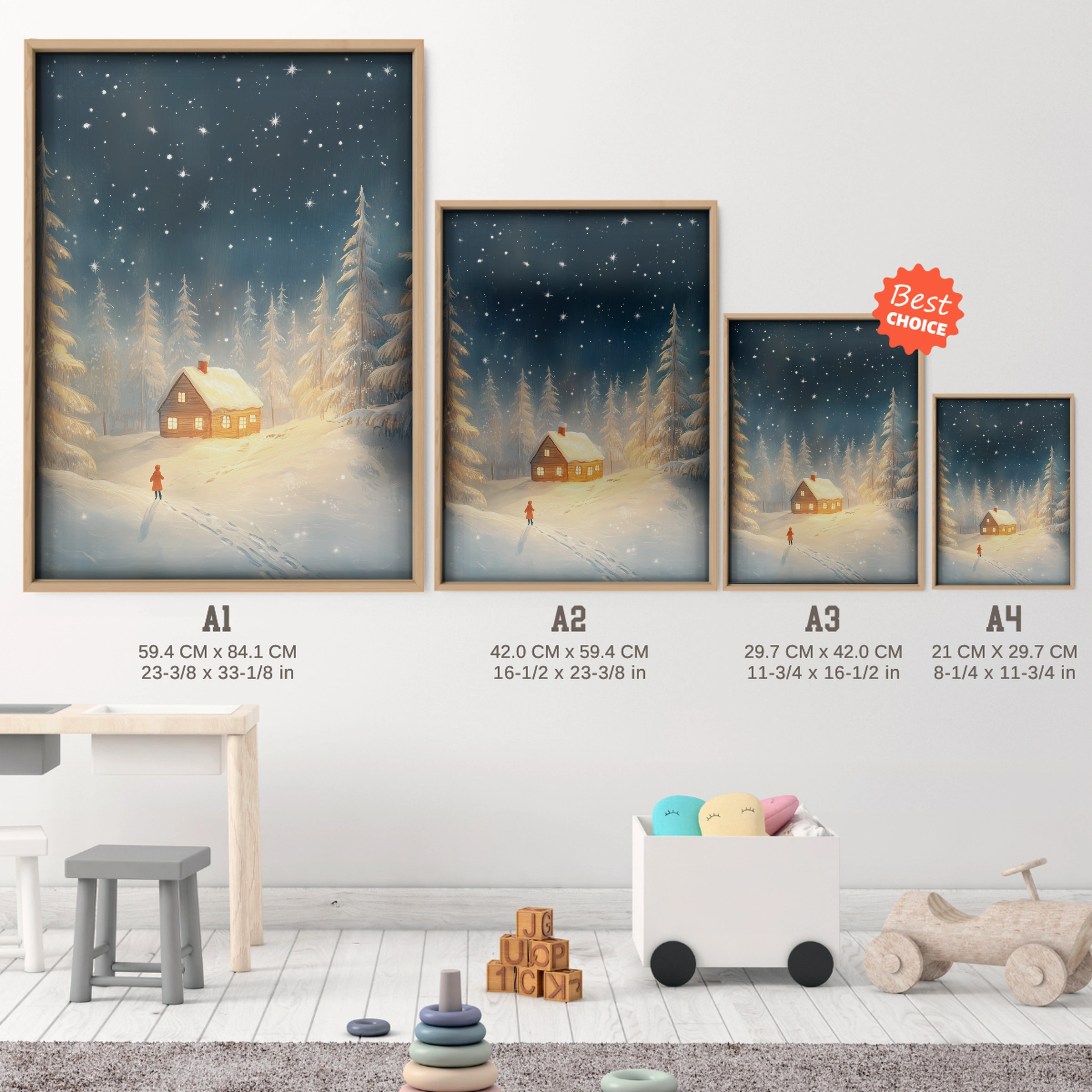 Cabin in the Snow Christmas Print - size guide A4 A3 A2 A1 nursery print