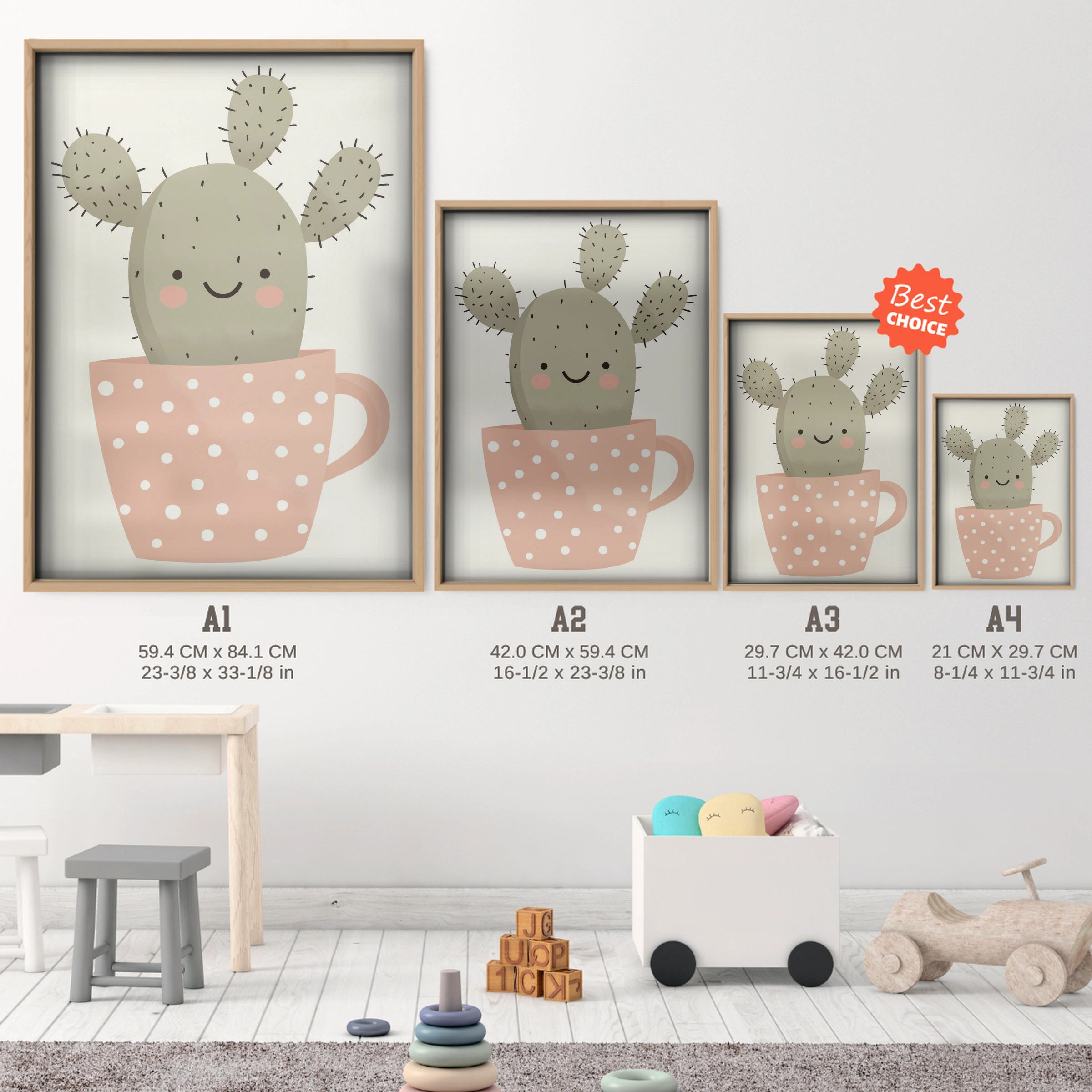 Cactus in a Cup Nursery Print - size guide A4 A3 A2 A1 nursery print