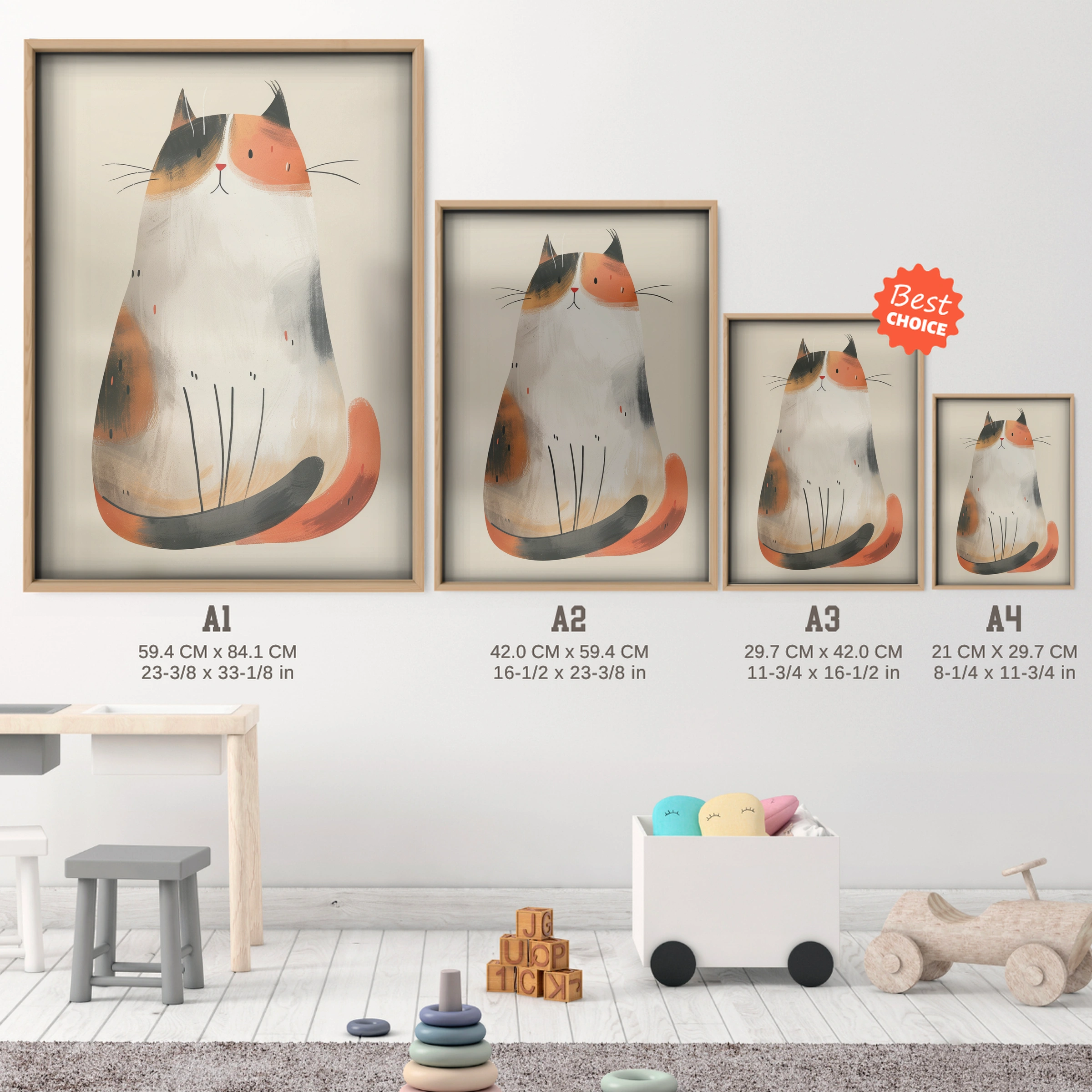Calico Cat Nursery Print - size guide A4 A3 A2 A1 nursery print