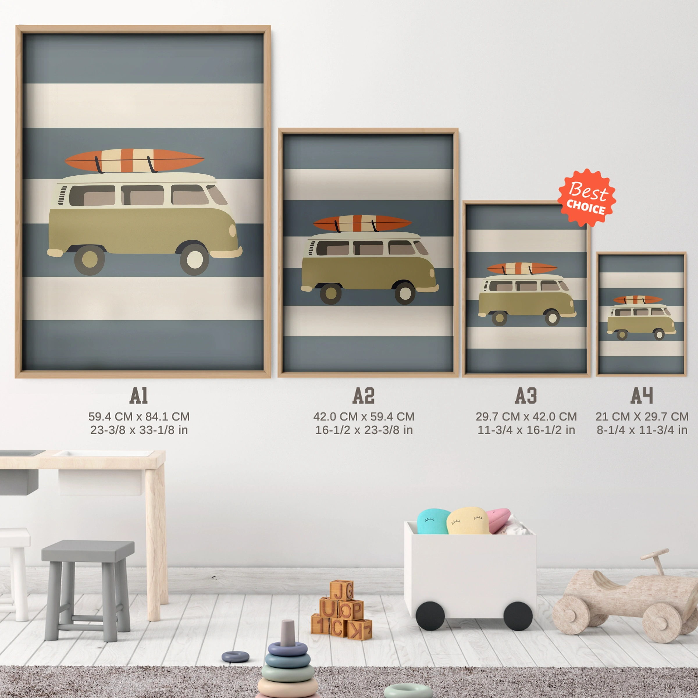Camper Van Nursery Print - size guide A4 A3 A2 A1 nursery print