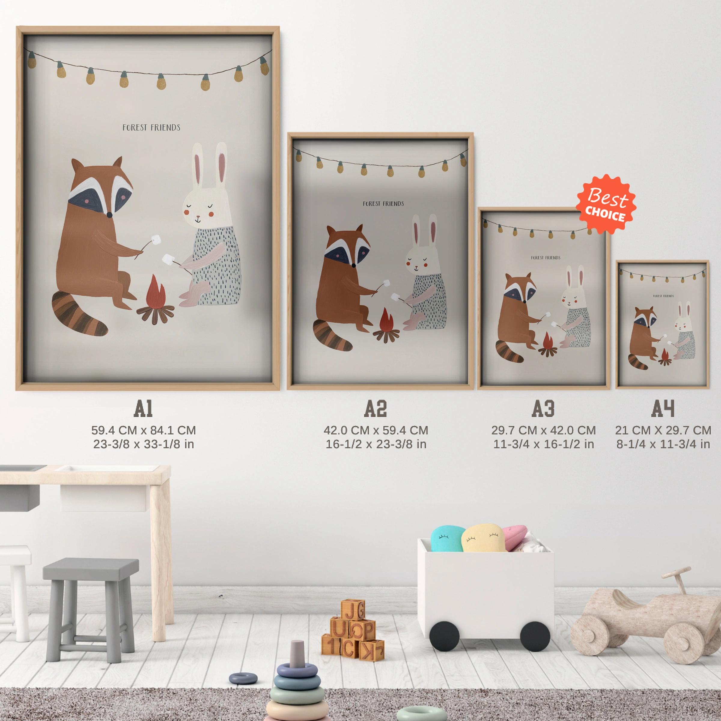 Camping Friends Nursery Print - size guide A4 A3 A2 A1 nursery print