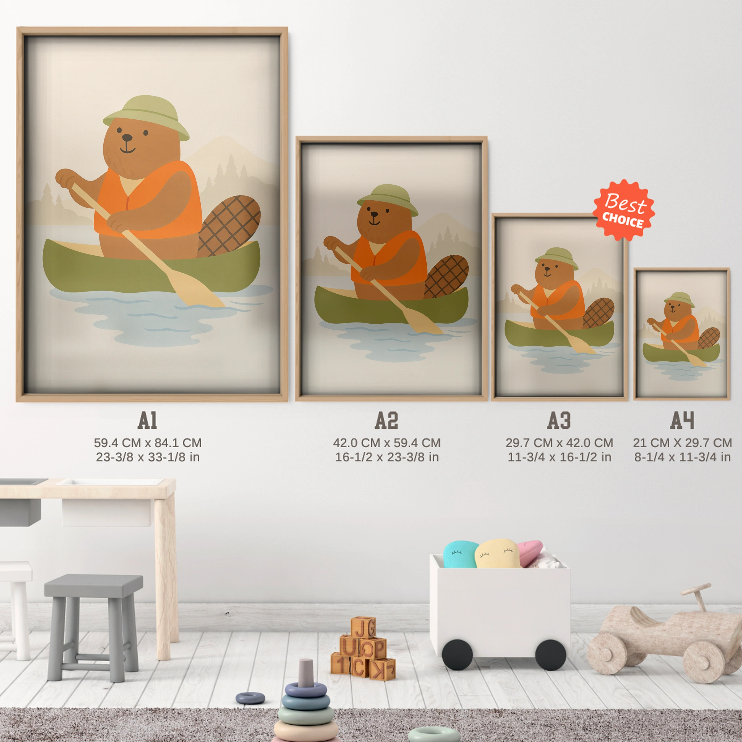 Canoeing Bear Nursery Print - size guide A4 A3 A2 A1 nursery print