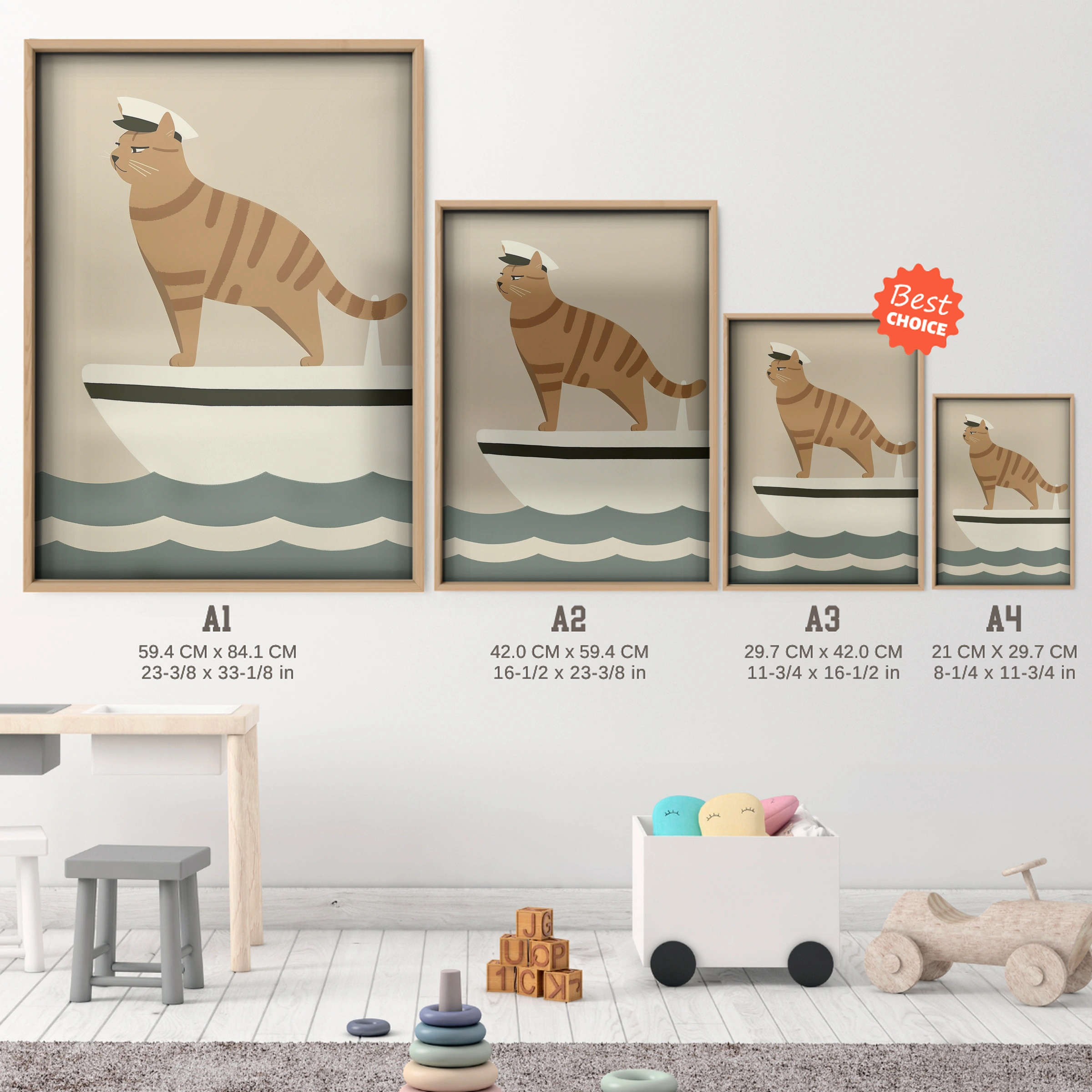 Captain Cat on a Boat Nursery Print - size guide A4 A3 A2 A1 nursery print