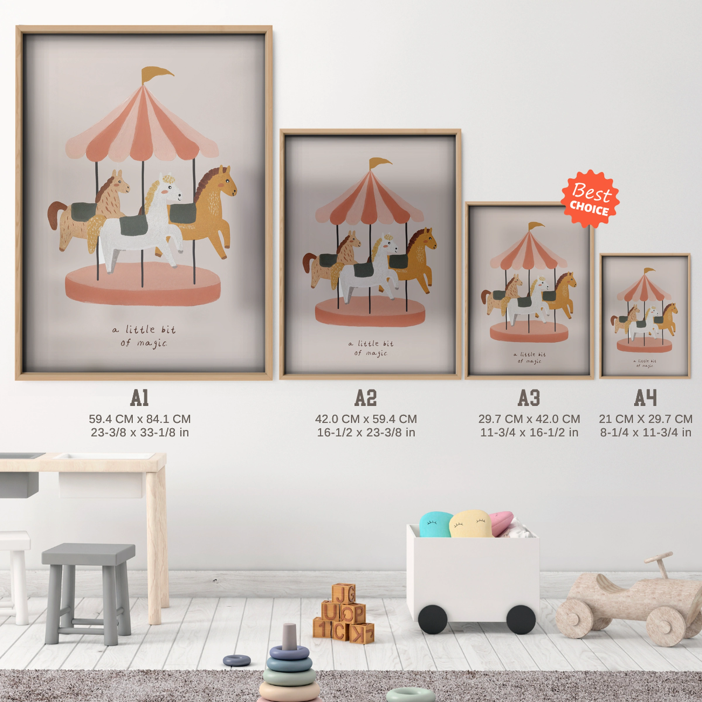 Carousel Dream Nursery Print - size guide A4 A3 A2 A1 nursery print