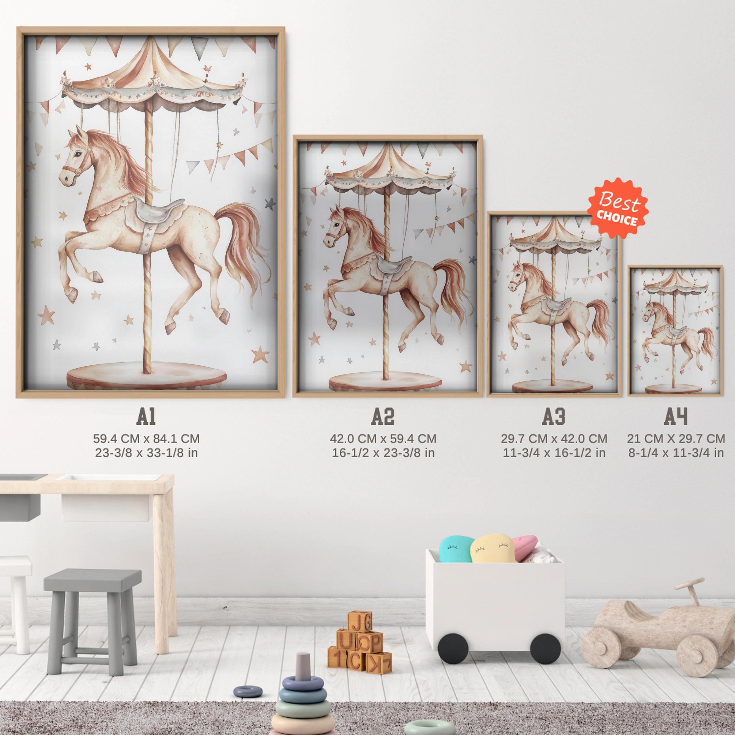 Carousel Horse Nursery Print - size guide A4 A3 A2 A1 nursery print