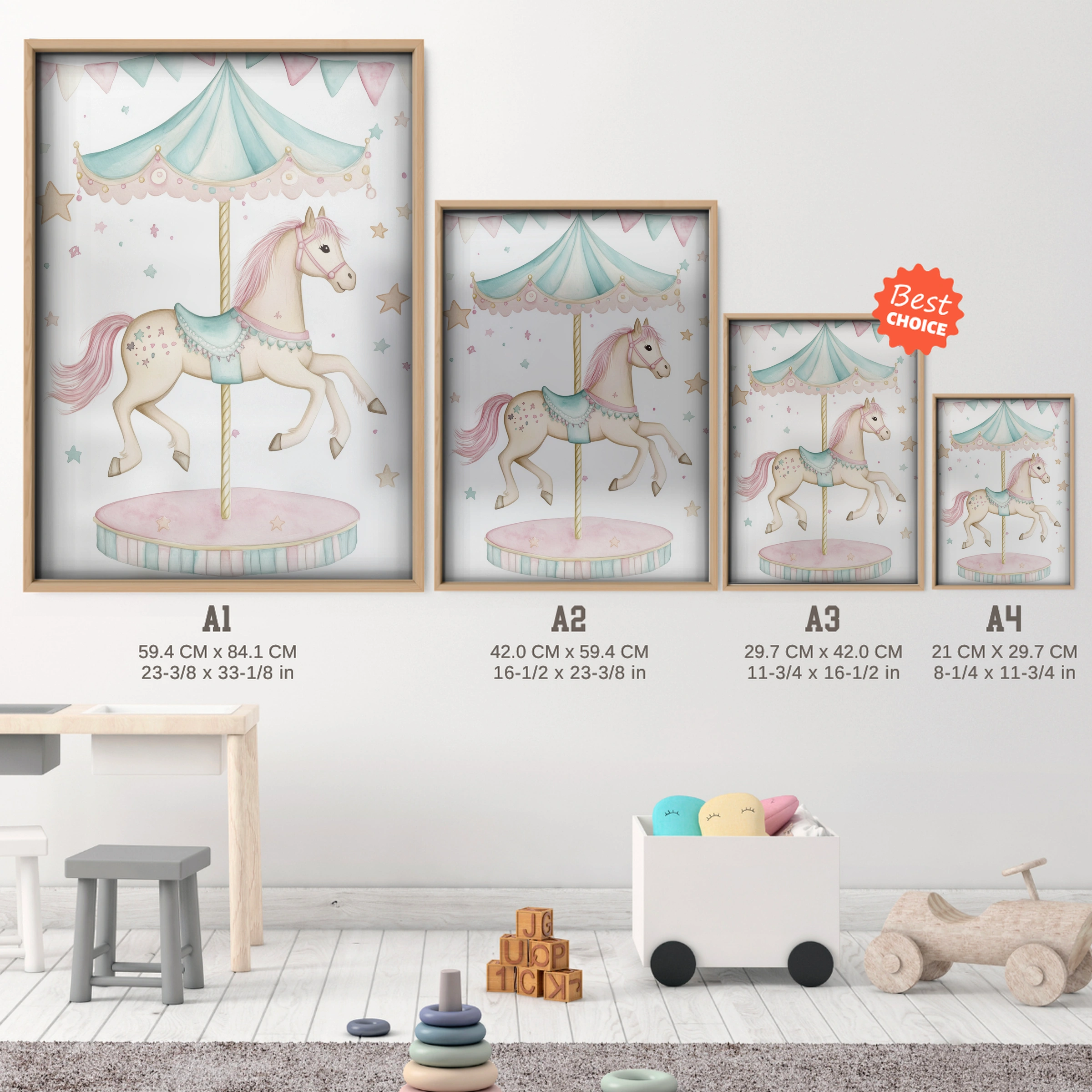 Carousel Horse Two Nursery Print - size guide A4 A3 A2 A1 nursery print