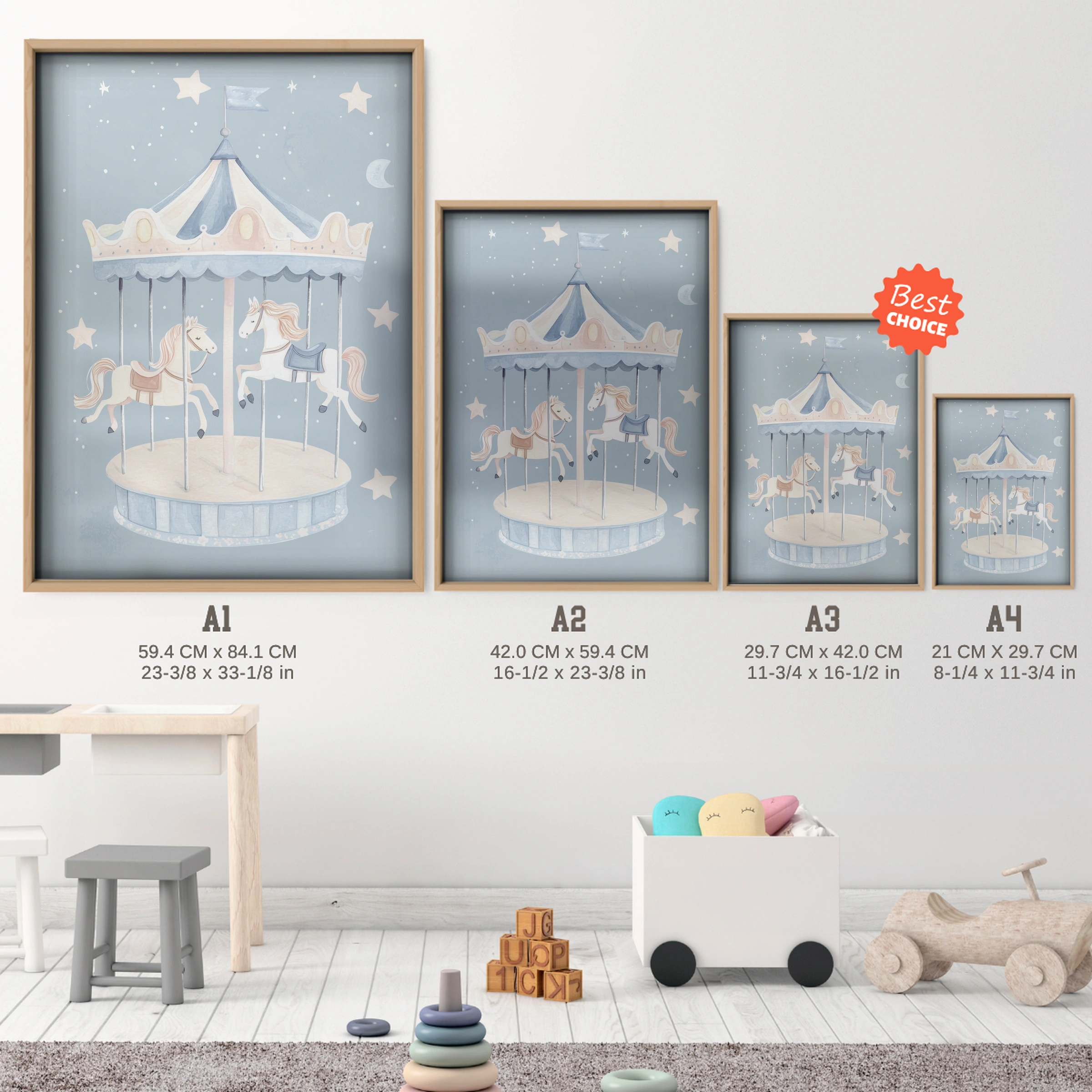 Carousel Nursery Print - size guide A4 A3 A2 A1 nursery print