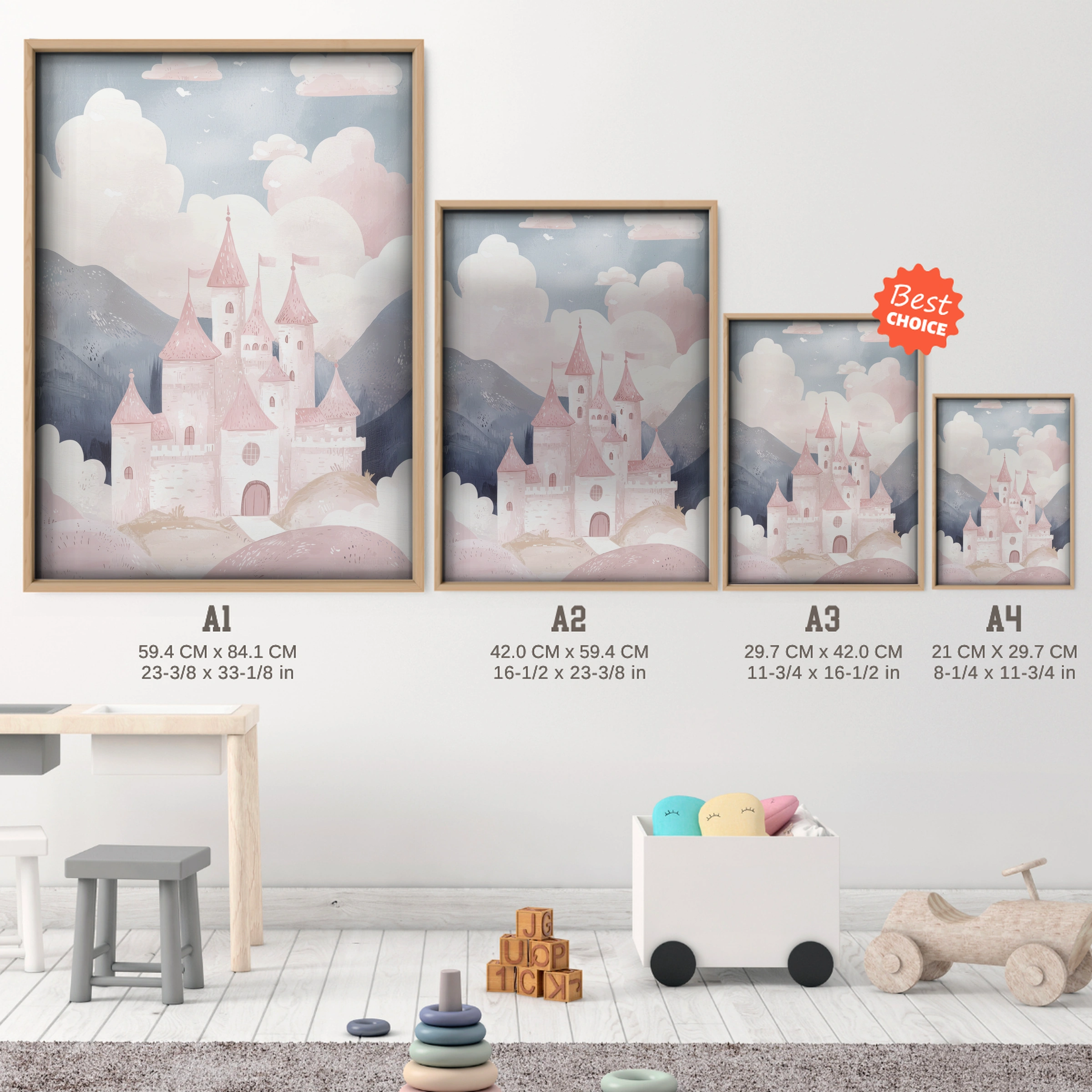 Castle in the Clouds Nursery Print - size guide A4 A3 A2 A1 nursery print